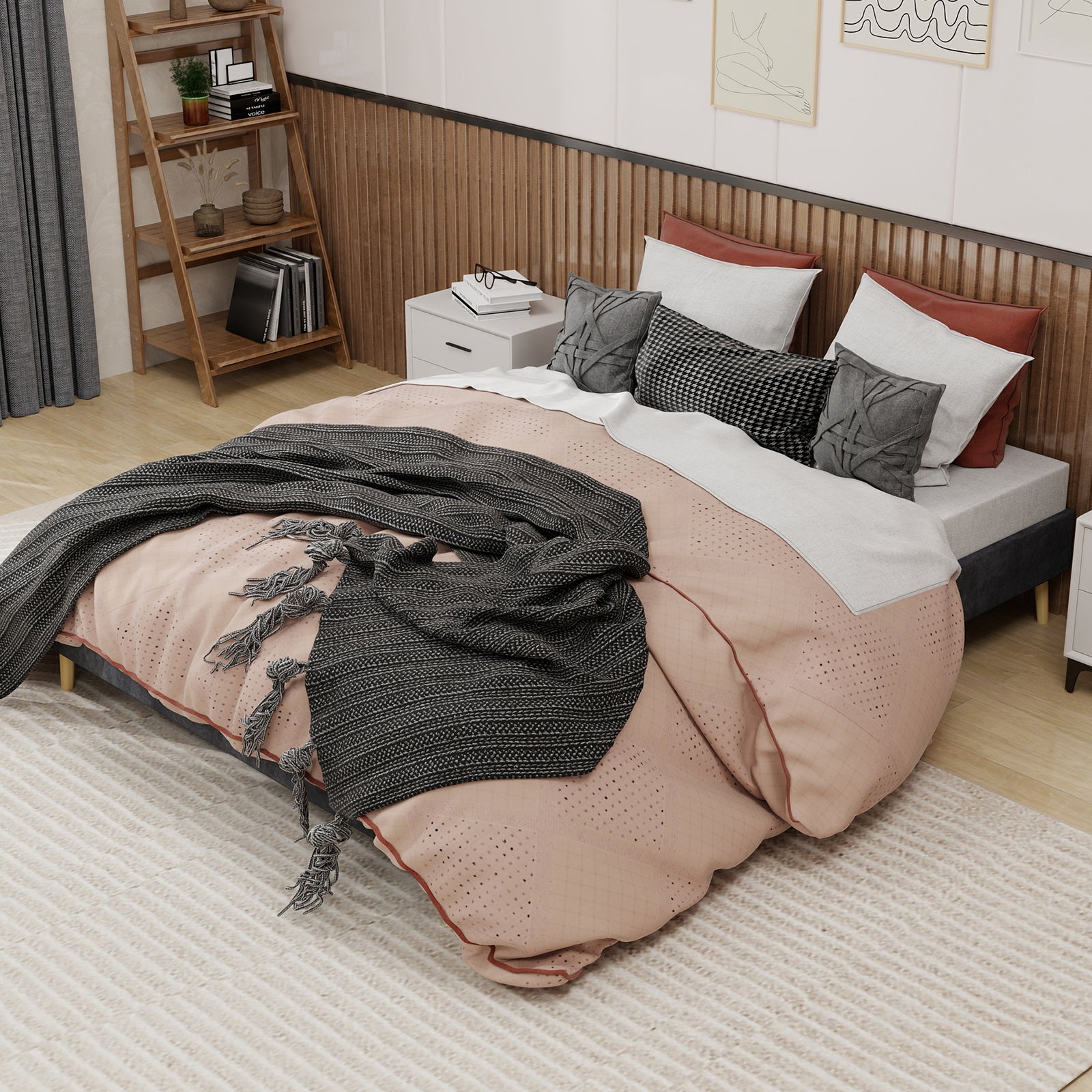 Modern Minimalist Bed Frame, 160x200 cm Low-Profile, Grey Dutch Velvet Fabric