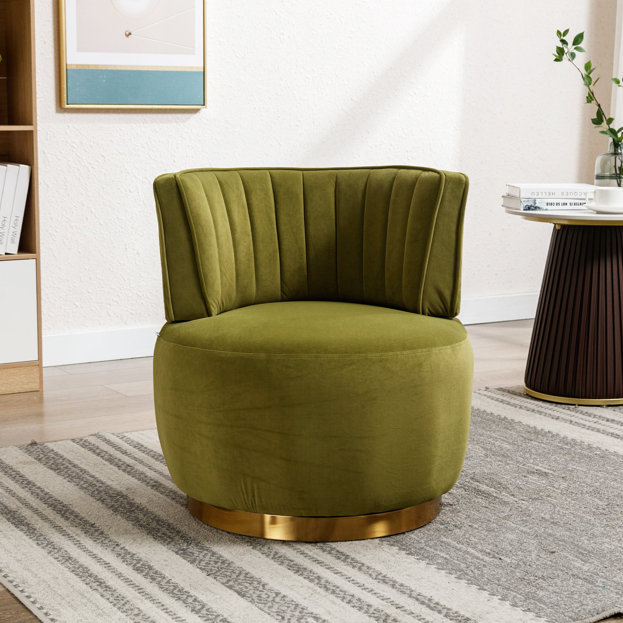 Swivel Chair 360 Degree Modern Comfortable Stable, Soft Velvet Olive Green