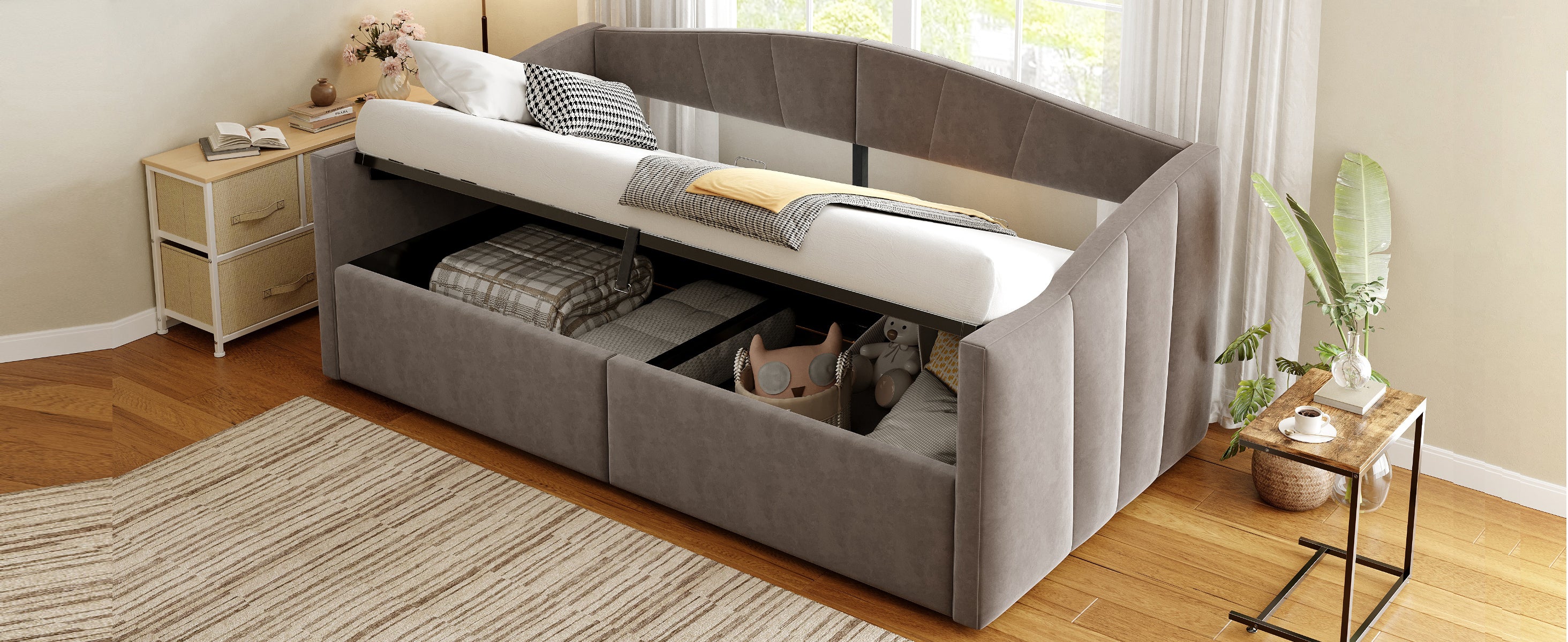 Sofa Bed, Upholstered with Hydraulic Storage, Slatted Frame & Armrests, Striped Velvet, Grey