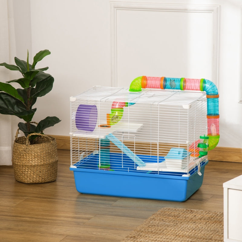 Hamster Cage, Gerbil Cage 3 Tier with Tube, Exercise Wheel, Water Bottle, Food Dish - Blue