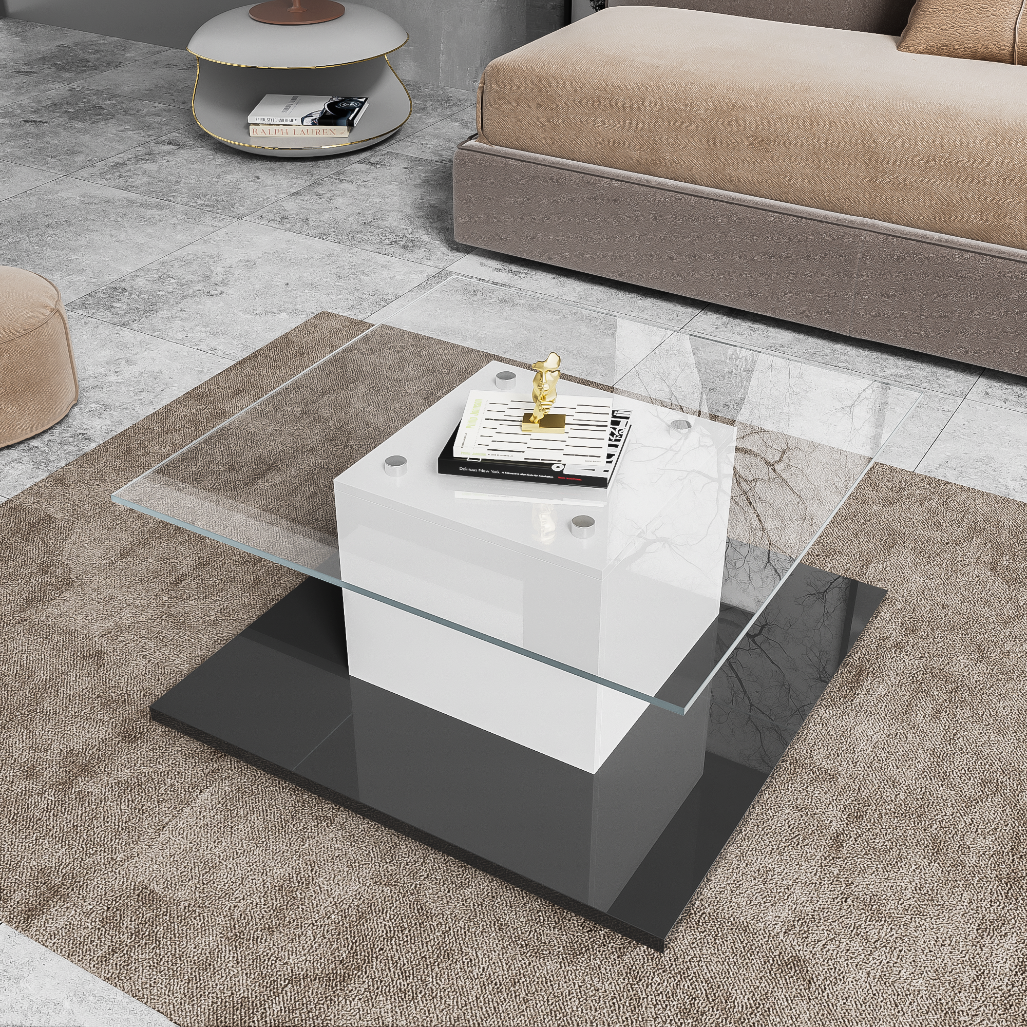 Coffee Table, High-Gloss Glass with Swivel Wheels