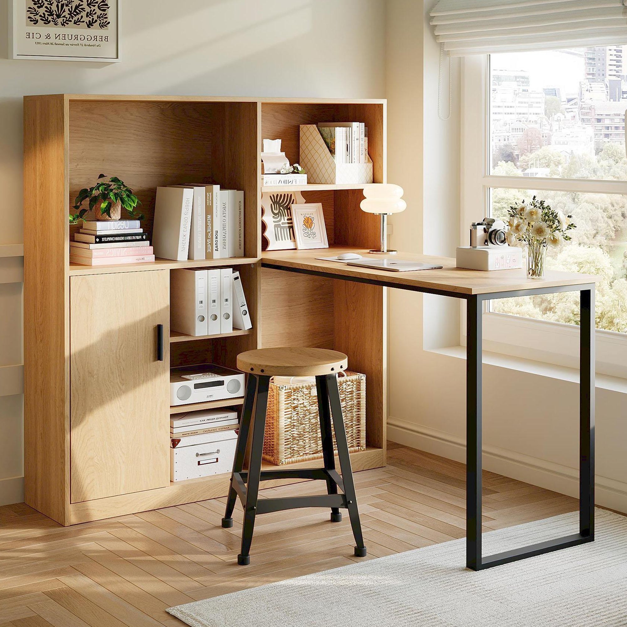 Computer Desk, Shelf & Cupboard, Work Table, Natural 120cm