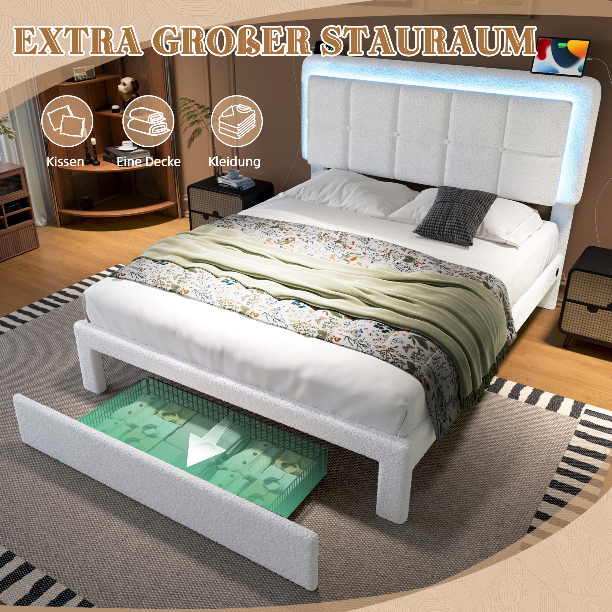 Bed Frame, Adjustable Headboard, Mood Light, USB Port, Teddy Velvet