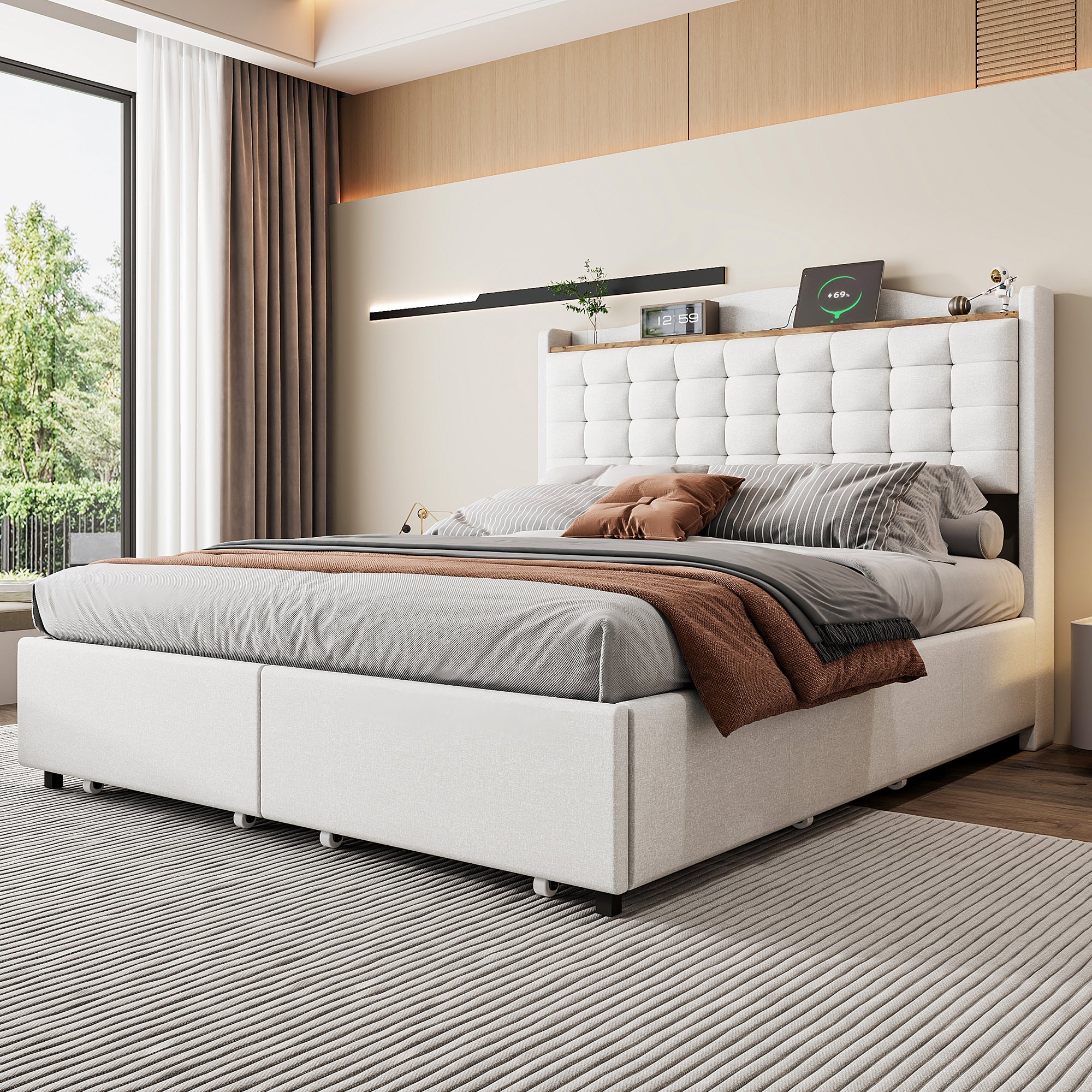 Upholstered Bed 140x200cm, USB Charging & Storage, 4-Drawer, Linen Fabric Beige