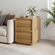 Medieval-Modern Bedside Table with 2 Handleless Drawers and Metal Rails, Oak Look MDF