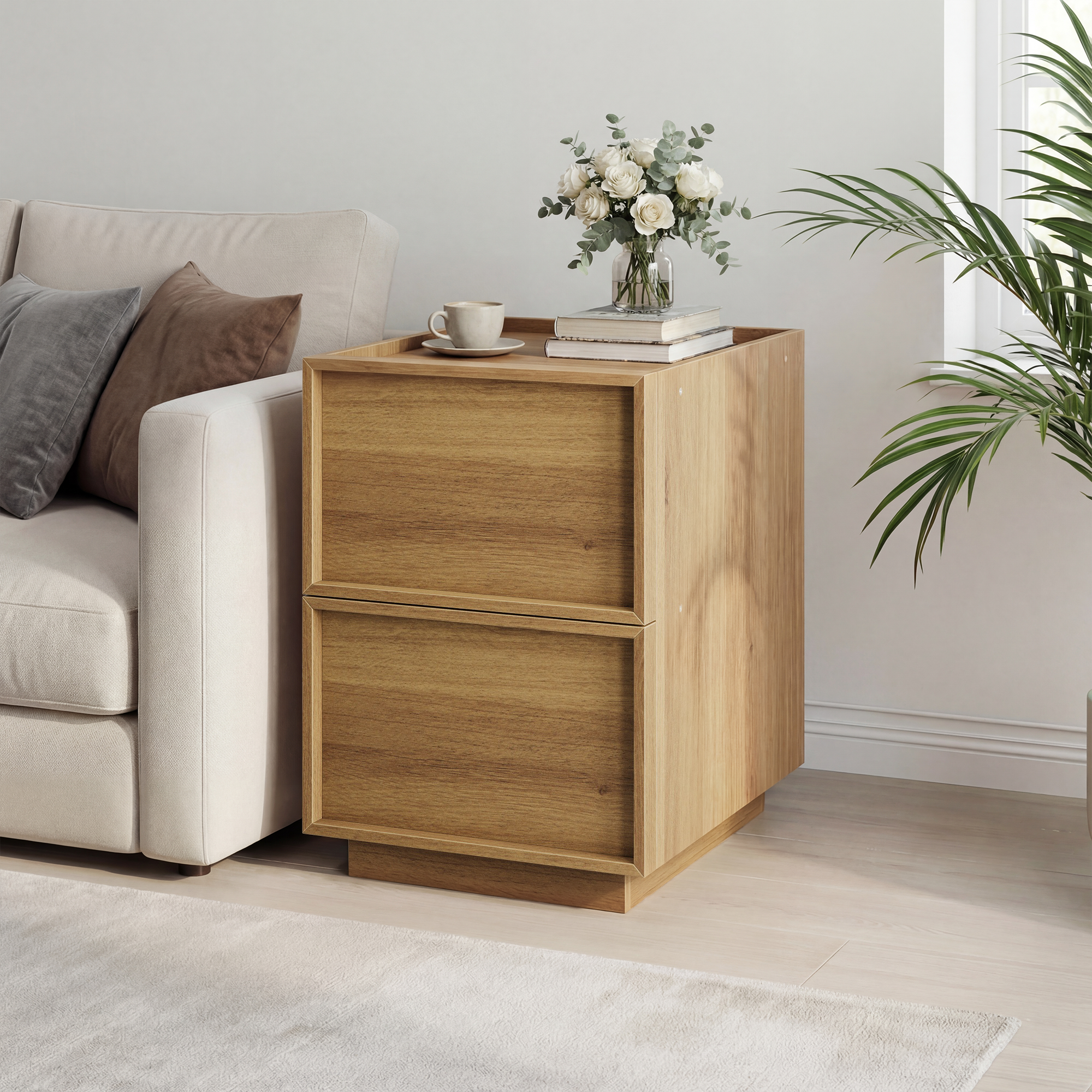 Medieval-Modern Bedside Table with 2 Handleless Drawers and Metal Rails, Oak Look MDF