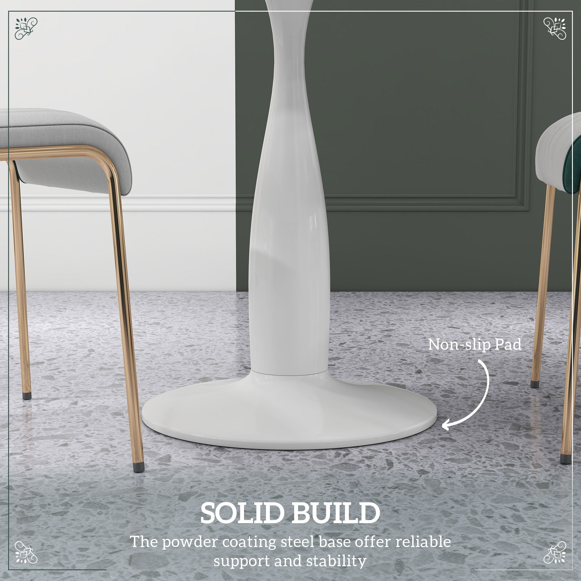 Small 2-Person Dining Table, Elegant Steel Base, White and Grey