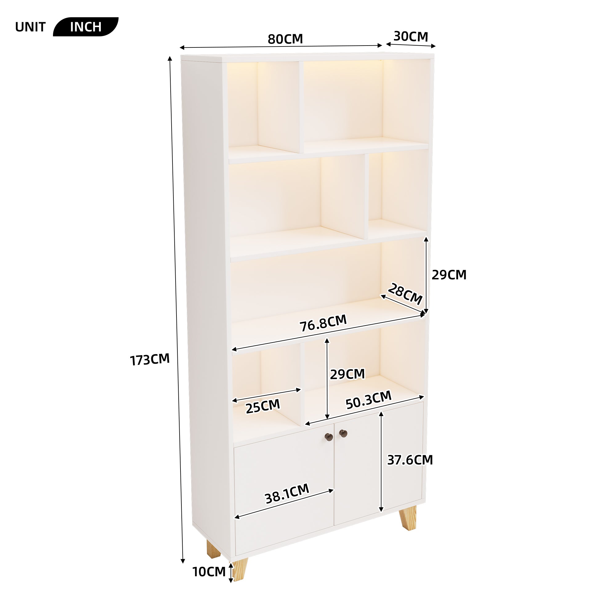 Bookshelf with Solid Wood Legs and LED Ambient Light, White