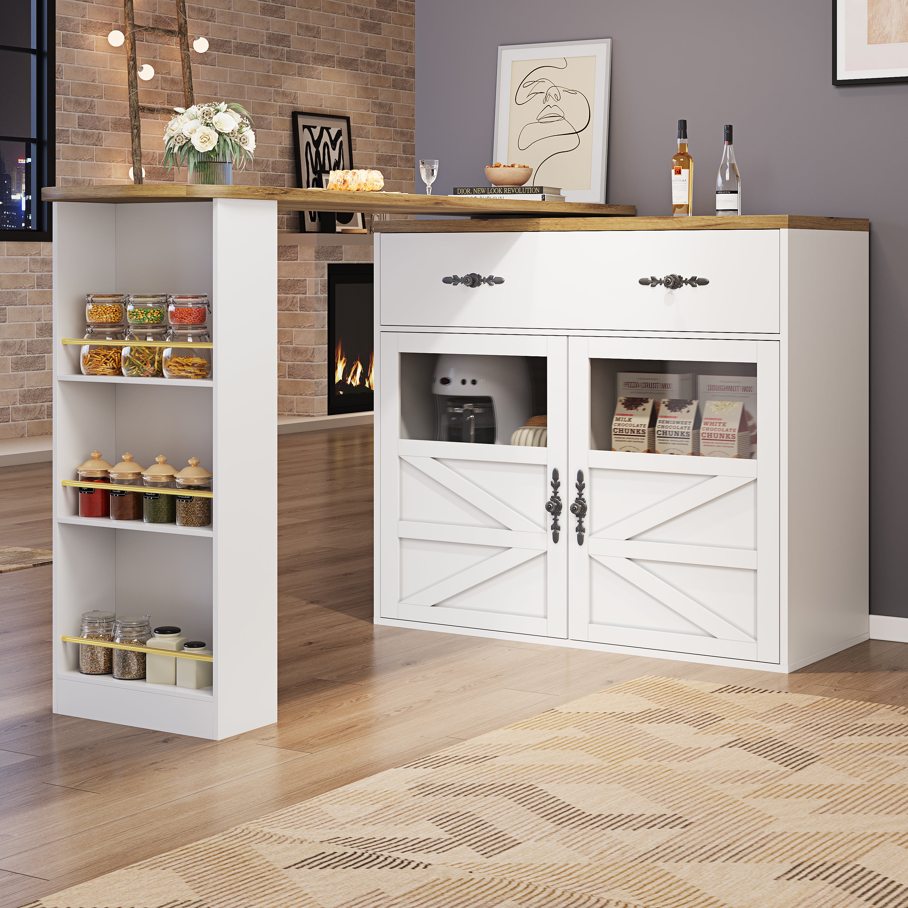 Extendable Bar Table 360° Rotating Storage Shelves - White