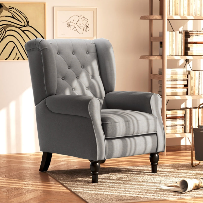 Retro Accent Chair, Wingback Armchair with Wood Frame, Dark Grey Linen