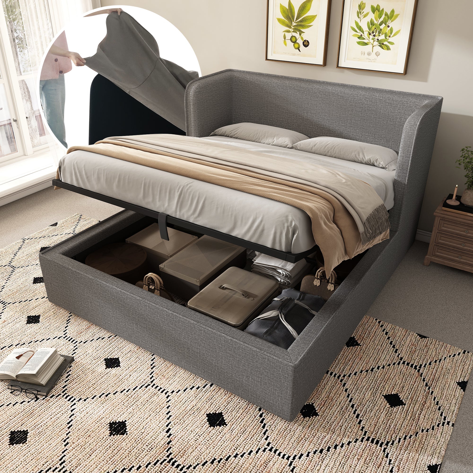 Upholstered Double Bed 160x200 with Hydraulic Storage Space, Grey Linen
