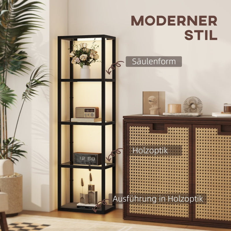 LED Floor Lamp, 4-tier Shelf with Glass Compartments, Foot Switch, Black MDF