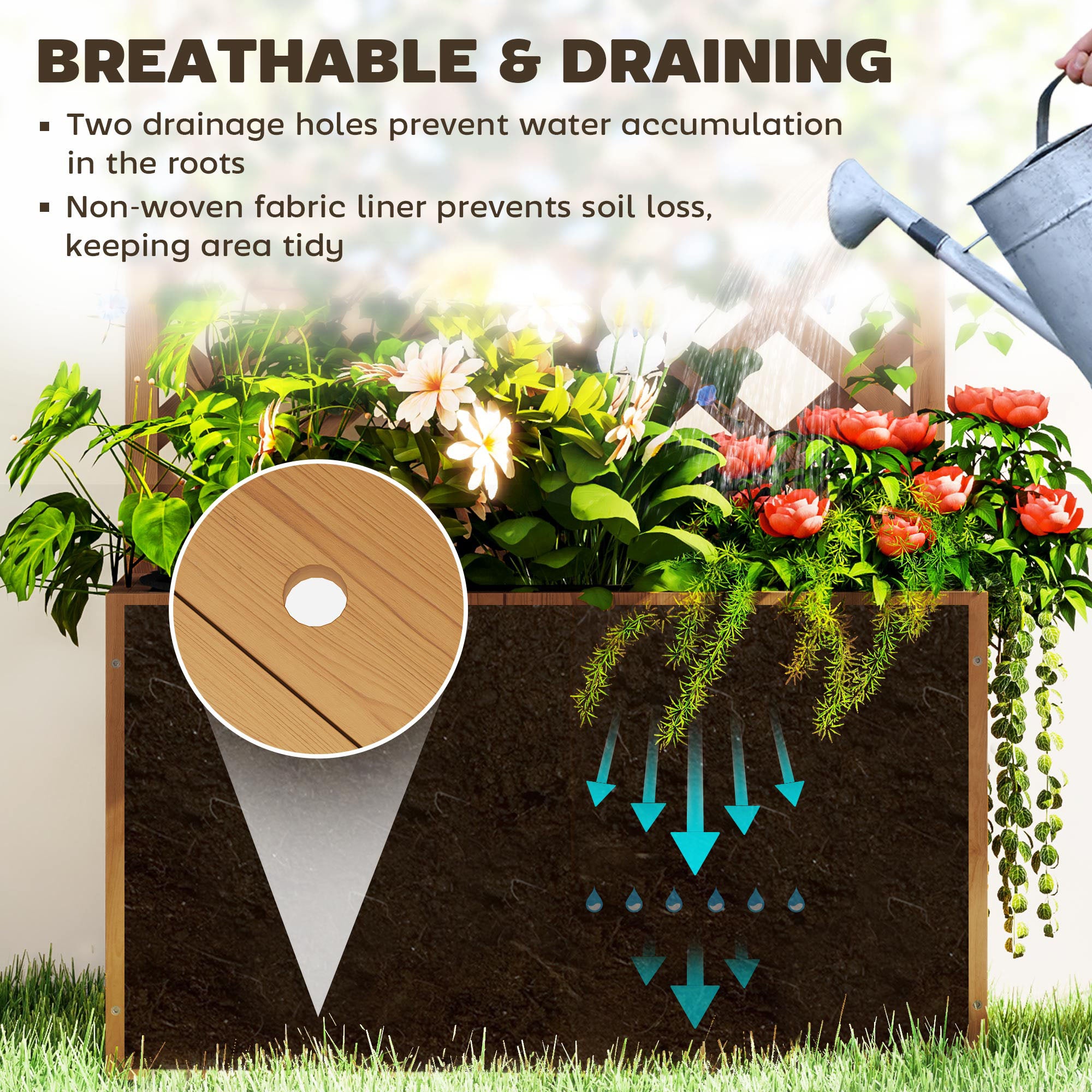 Wooden Planter with Trellis, Freestanding Raised Garden Bed & Drainage, Natural