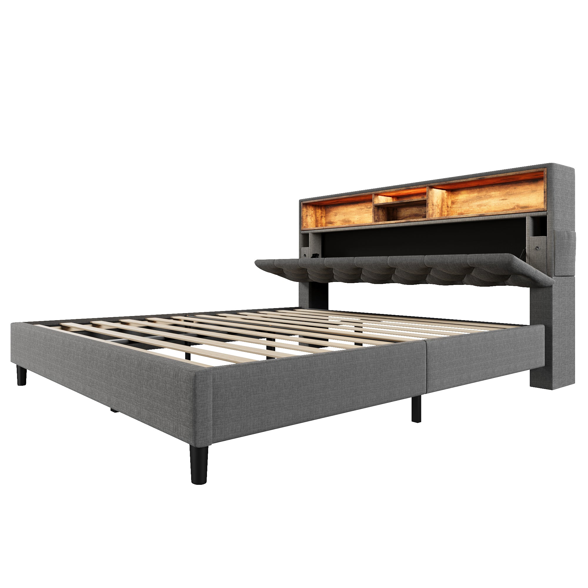 Upholstered Double Bed, Storage Headboard LED Lighting Wooden Frame 140x200cm, Grey