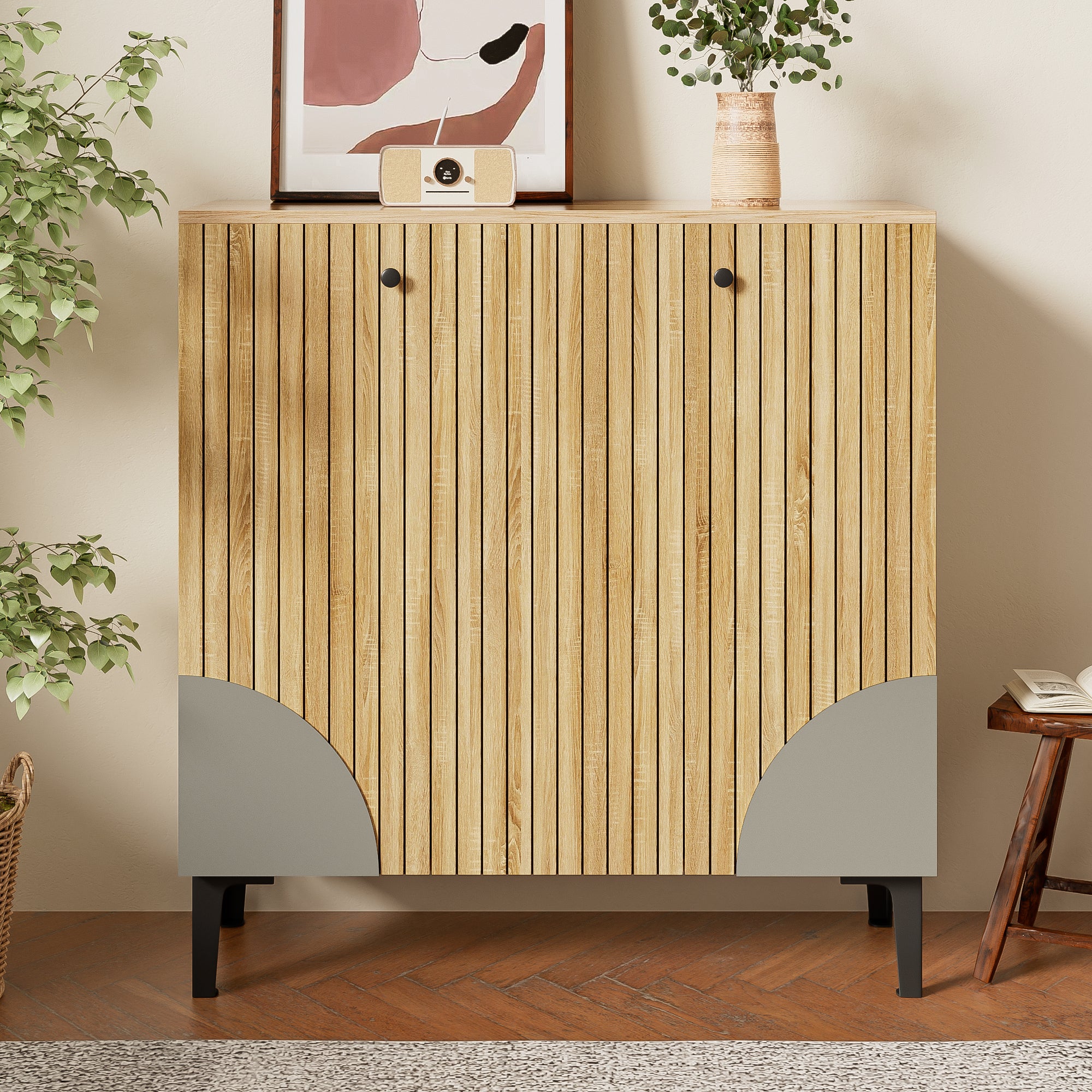 Shoe cabinet 90x32x94cm with three doors, storage, and shelf, wood look/black frame