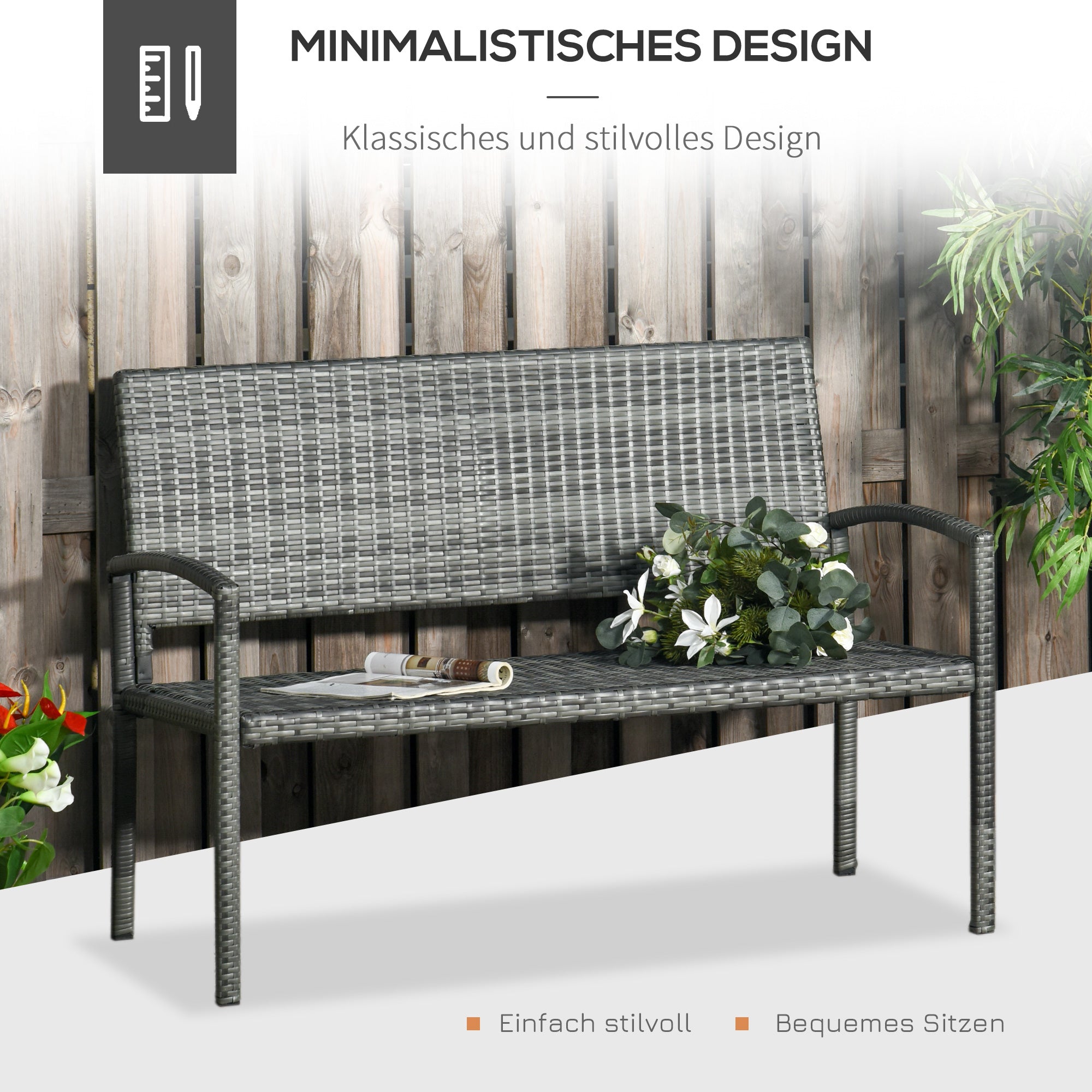 Garden Bench, Rattan Look 2-Seater Steel Frame 320kg Capacity, Grey