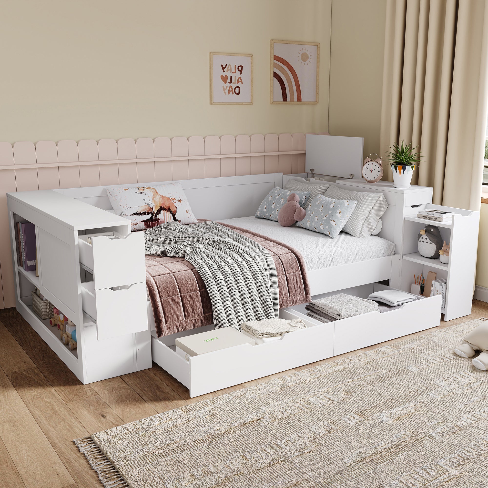 Children's Daybed 90x200cm Multifunctional Single Bed with Storage Drawers Shelves and Bedside Table White