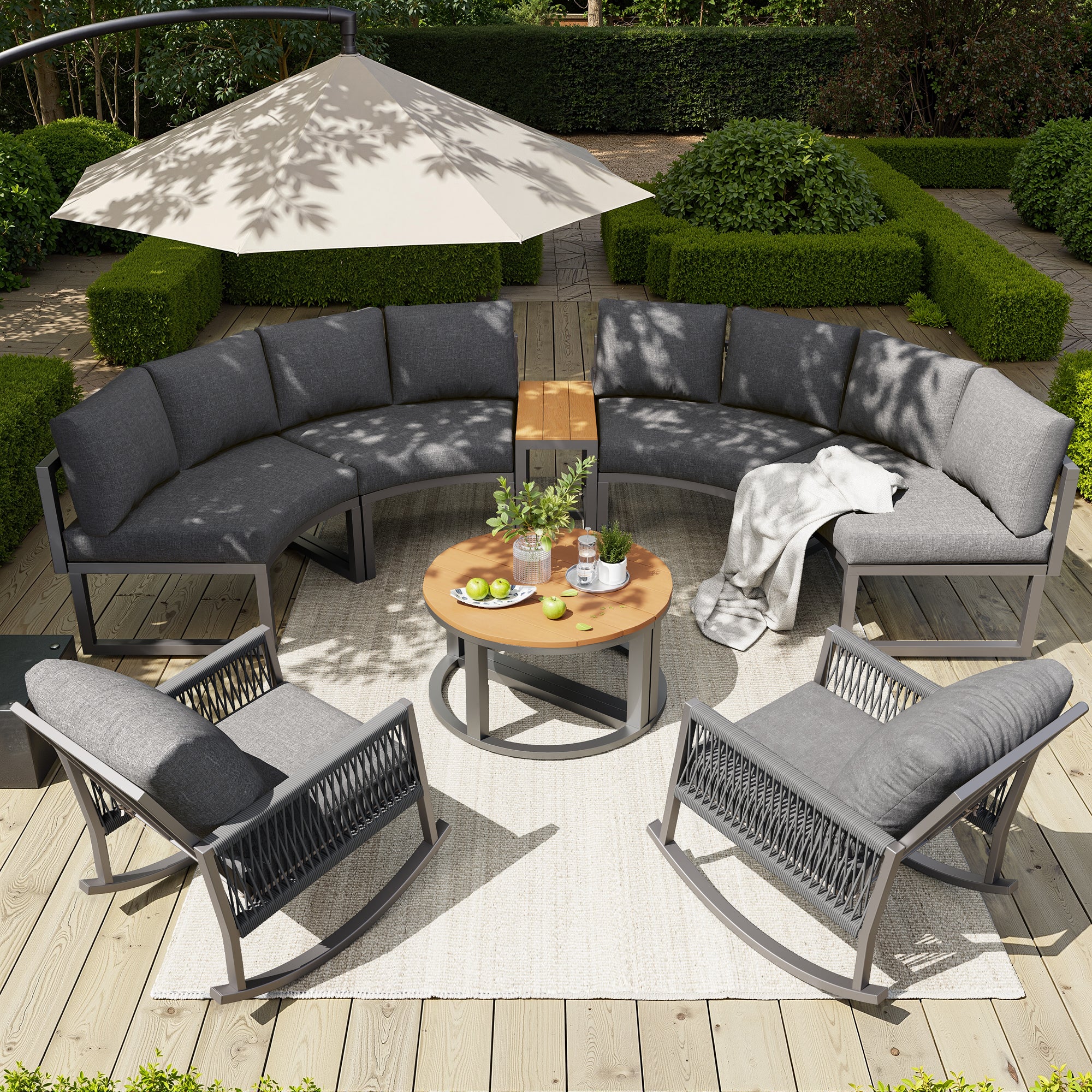 Garden Furniture Set for 4-6 People with Round Sofa and Two Rocking Chairs, Grey