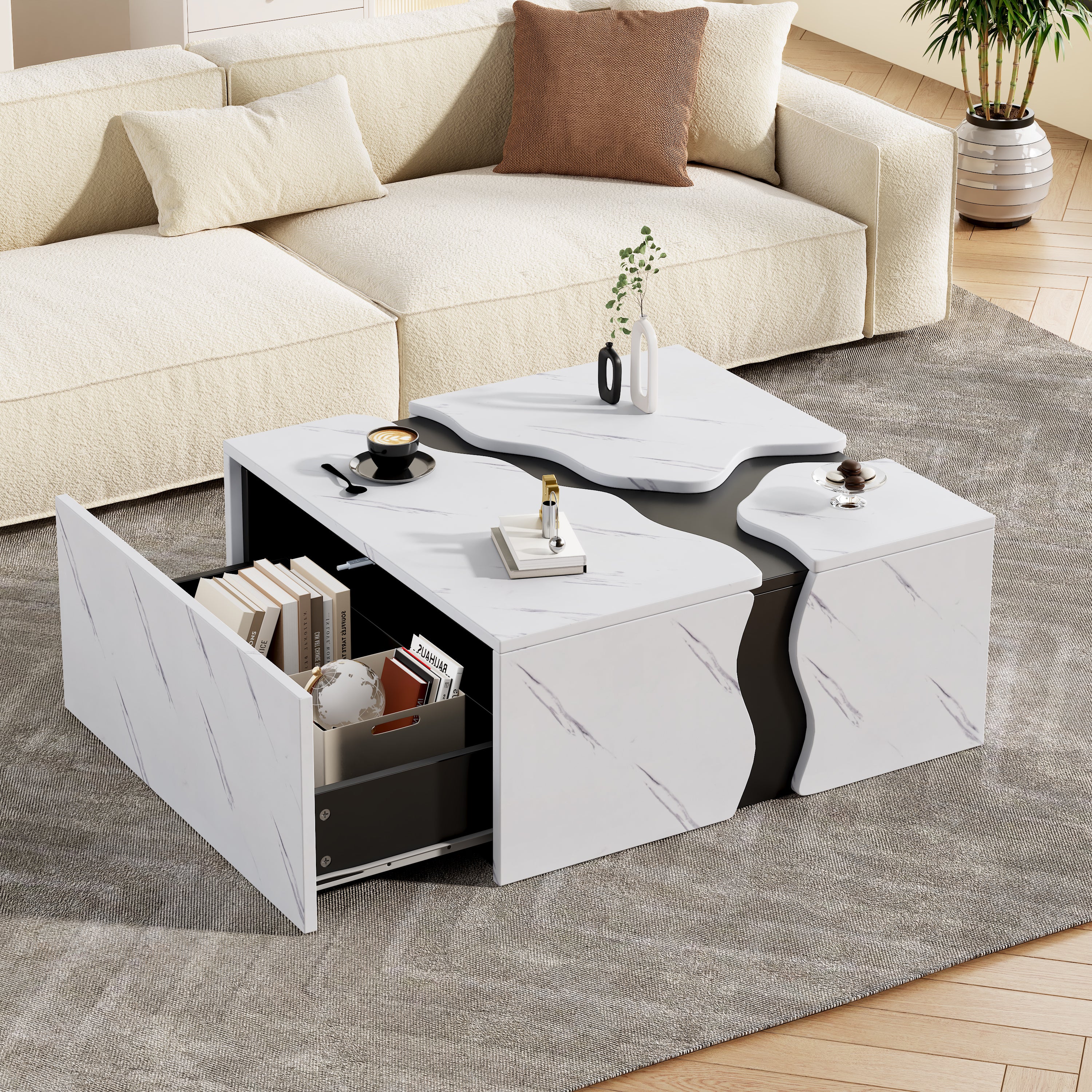 Living Room Coffee Table 70x70x31cm Cube Design Drawer Storage Marble Veneer