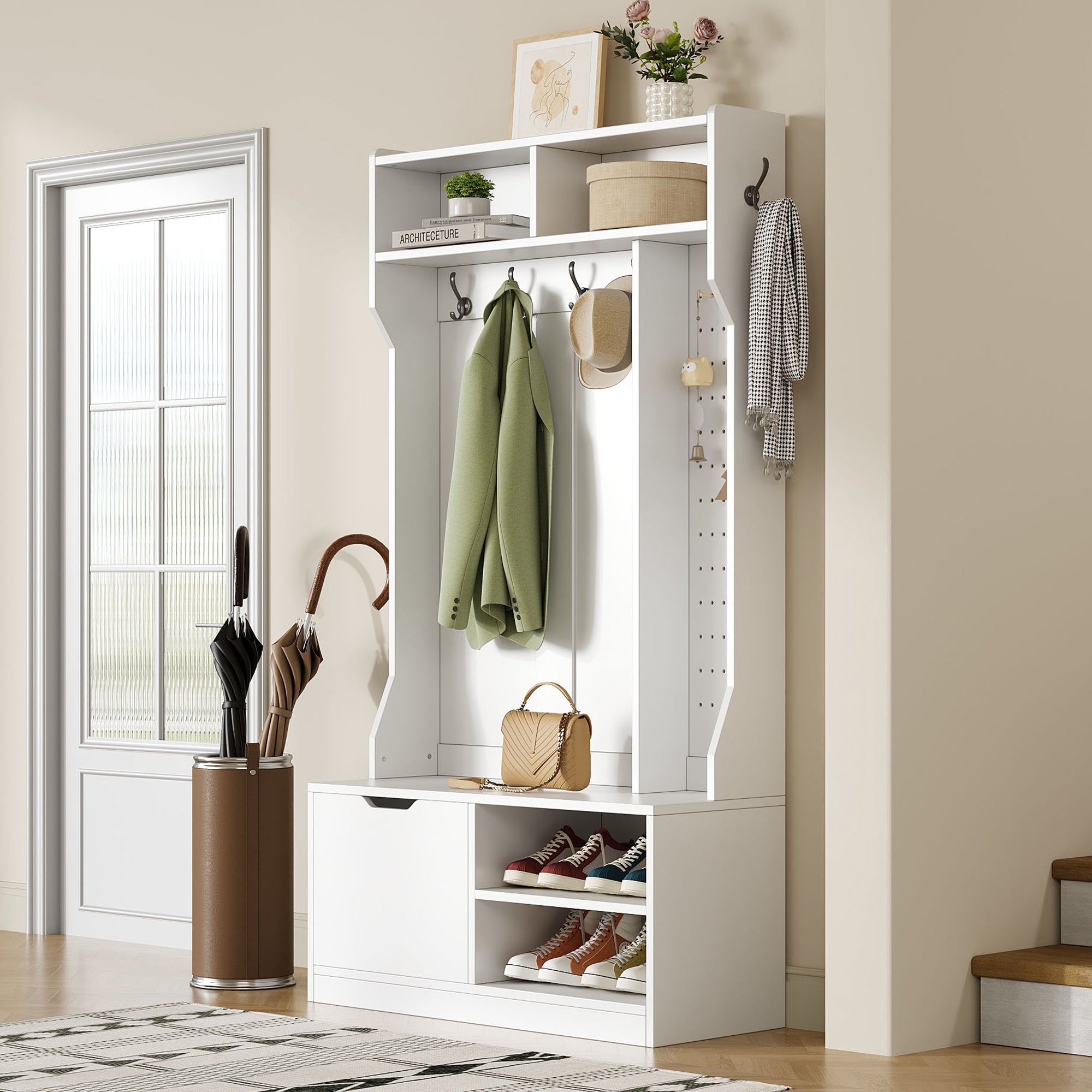 Wardrobe Set Hallway with Bench 6 Hooks 1 Door 4 Storage - White