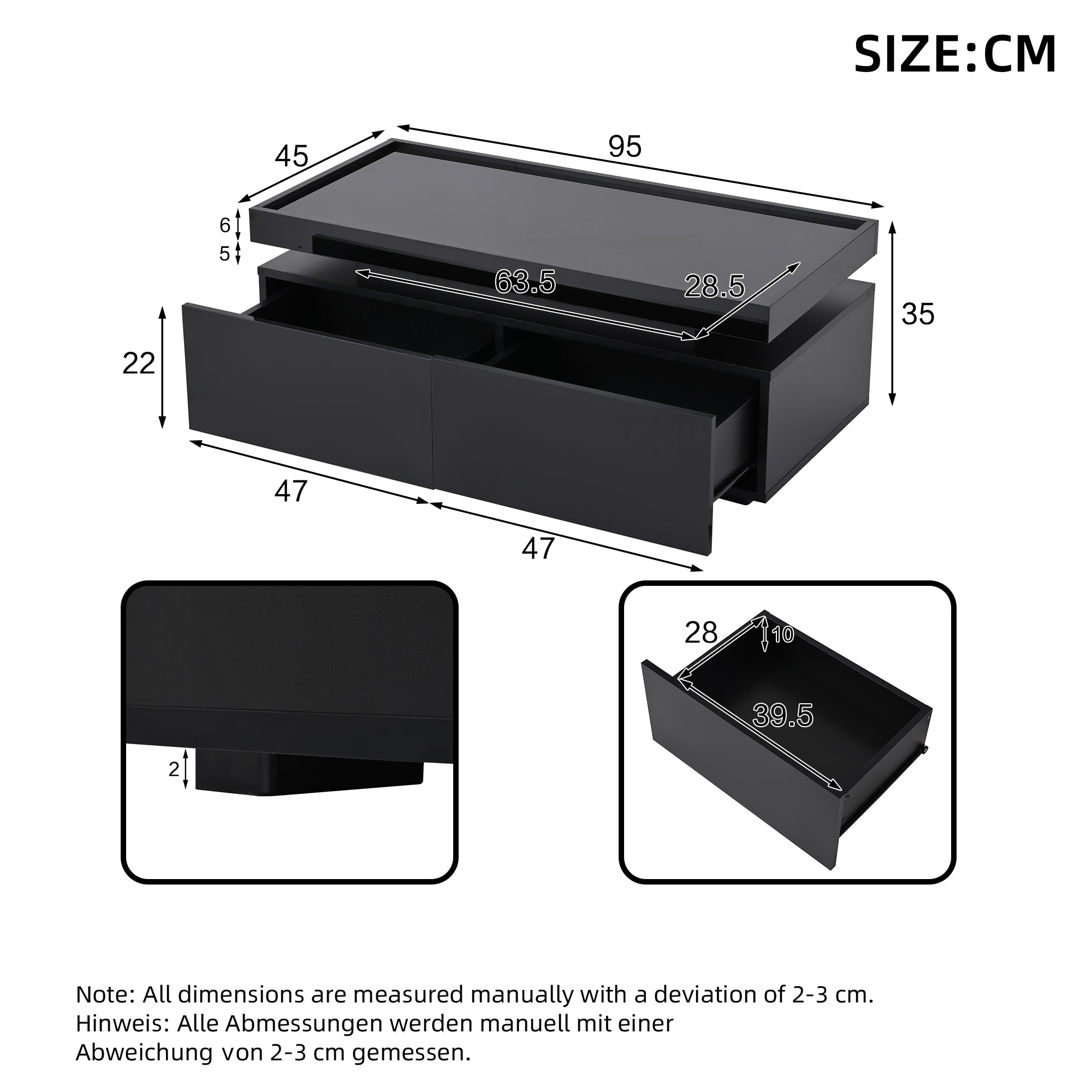 Coffee Table 95x45x35cm, LED, 2 Drawers, High-Gloss, Black