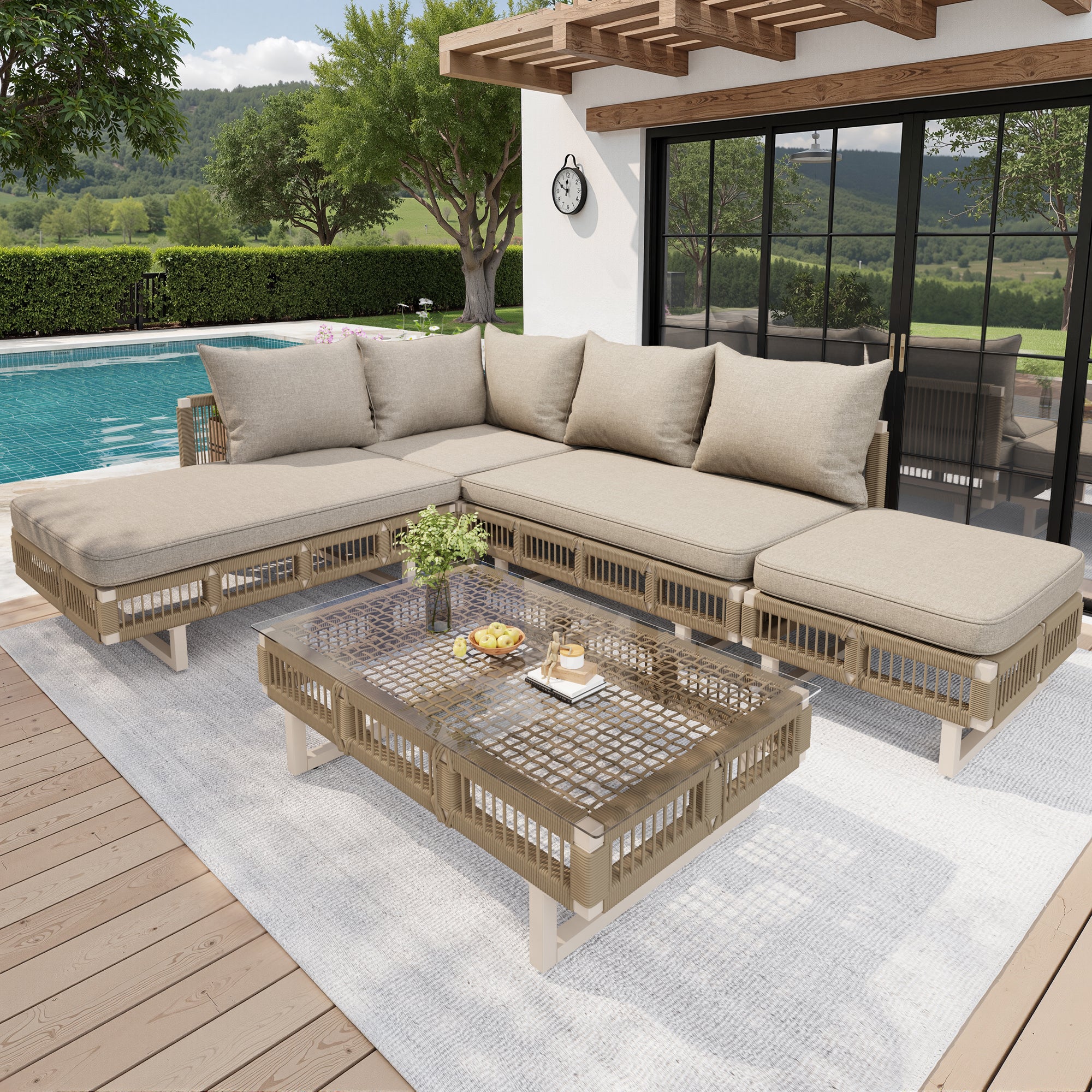 Modular Garden Furniture Set with 10cm Thick Cushions and Glass Coffee Table, Rope Weave, Beige/Green