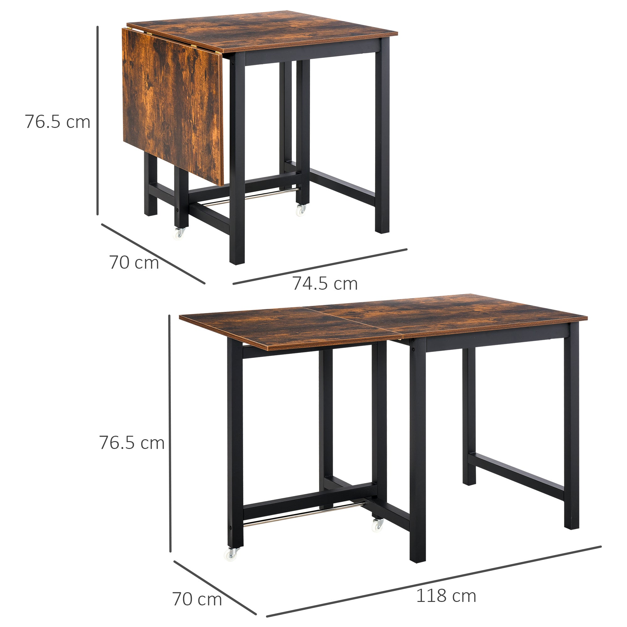 Extendable Dining Table, Folding Kitchen with Wheels, Metal Brown