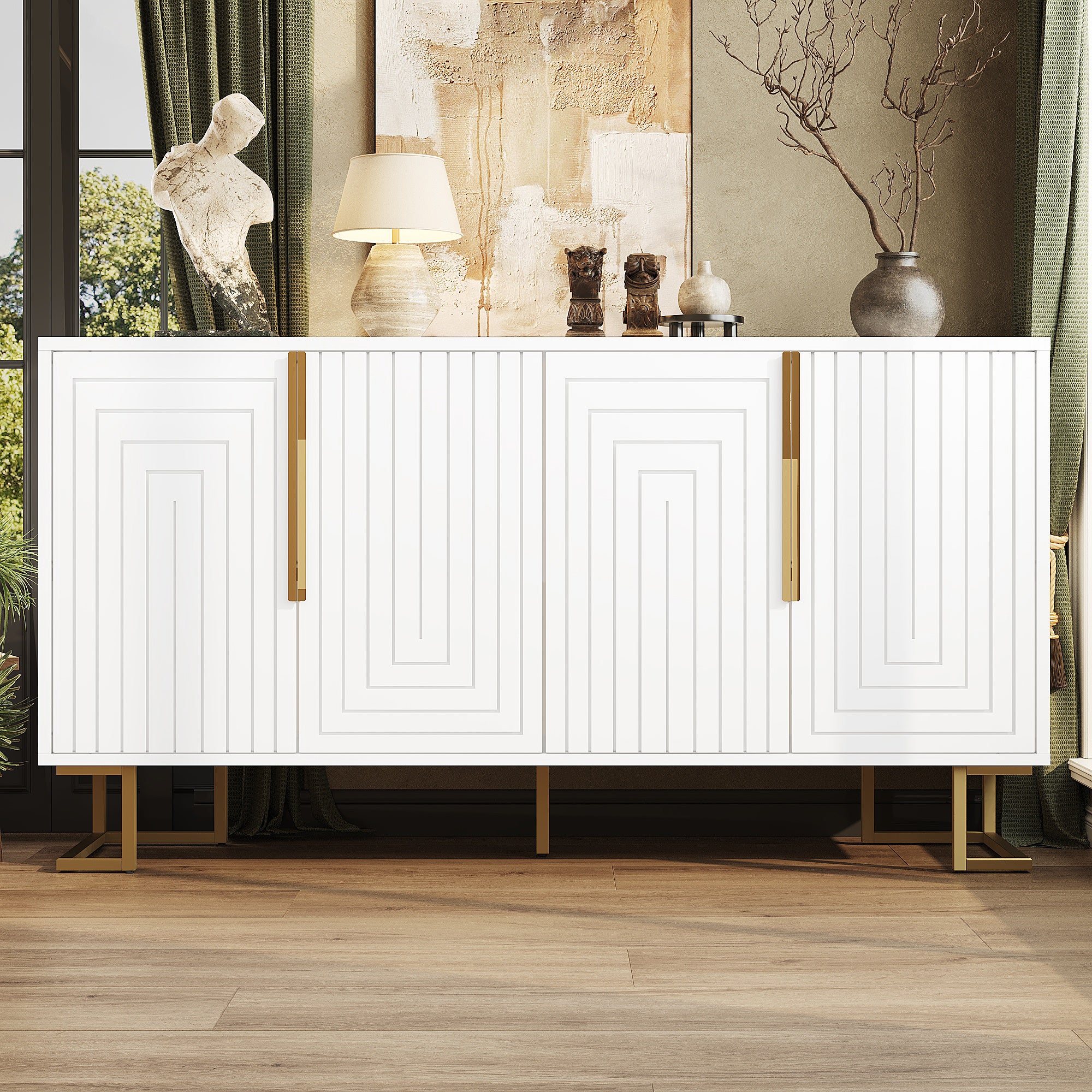 Sideboard with Geometric Design and Gold Handles, 152 x 40 x 75 cm, White