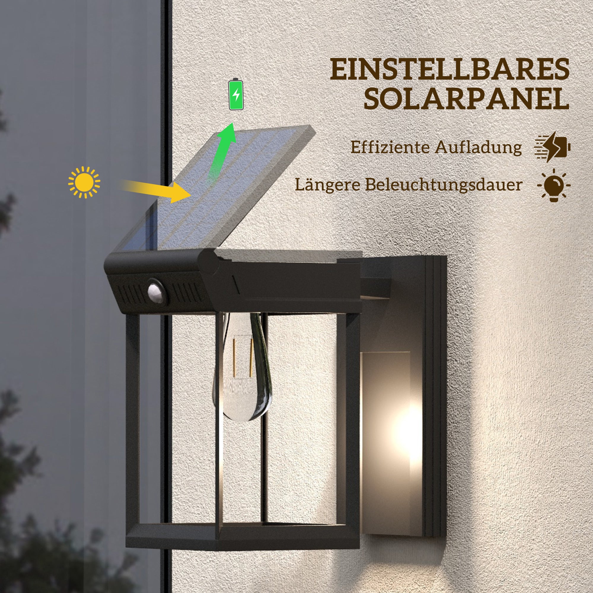 Solar Wall Light LED Outdoor, Warm White, Adjustable with Light Sensor IP44, Black