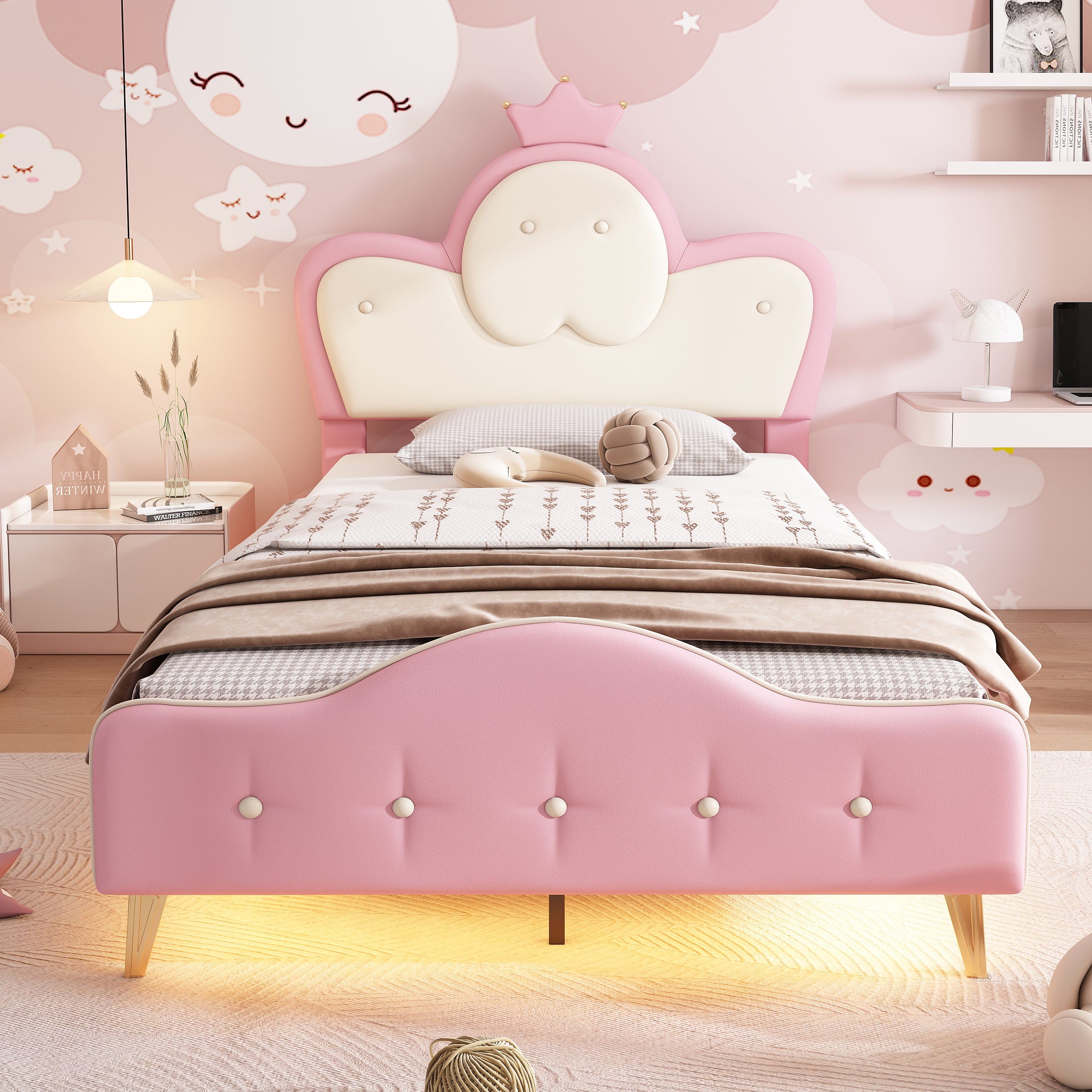 Upholstered Children's Bed with Crown Headboard, LED Strip, PU, Pink + White