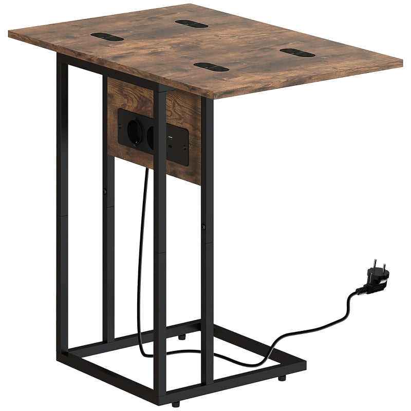 Foldable Side Table, Charging Station USB Ports, Brown Metal
