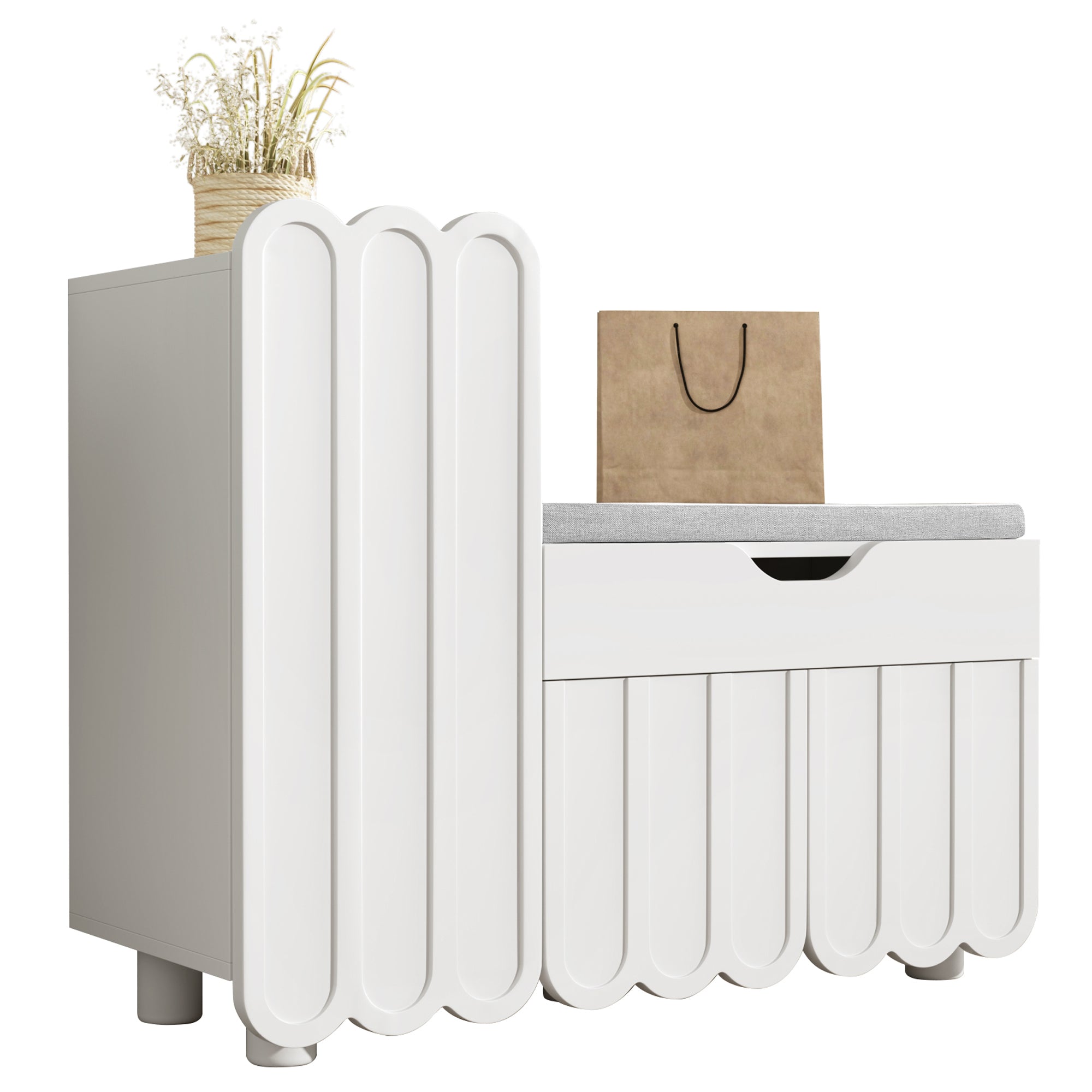 Modern 3-door shoe cabinet with drawer and seat cushion, white