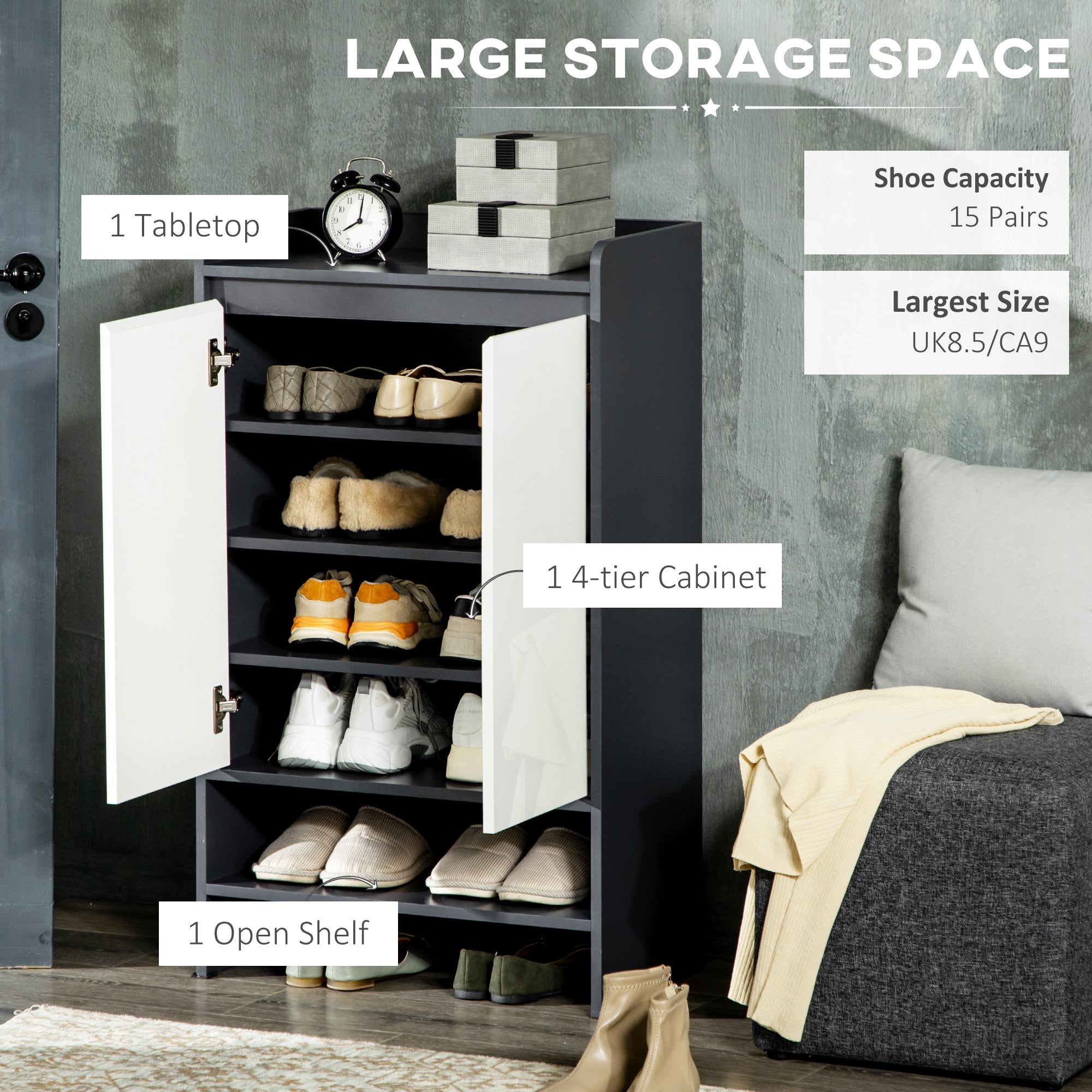 High Gloss Shoe Cabinet, 15 Pairs Storage White Doors Open Shelves, Grey