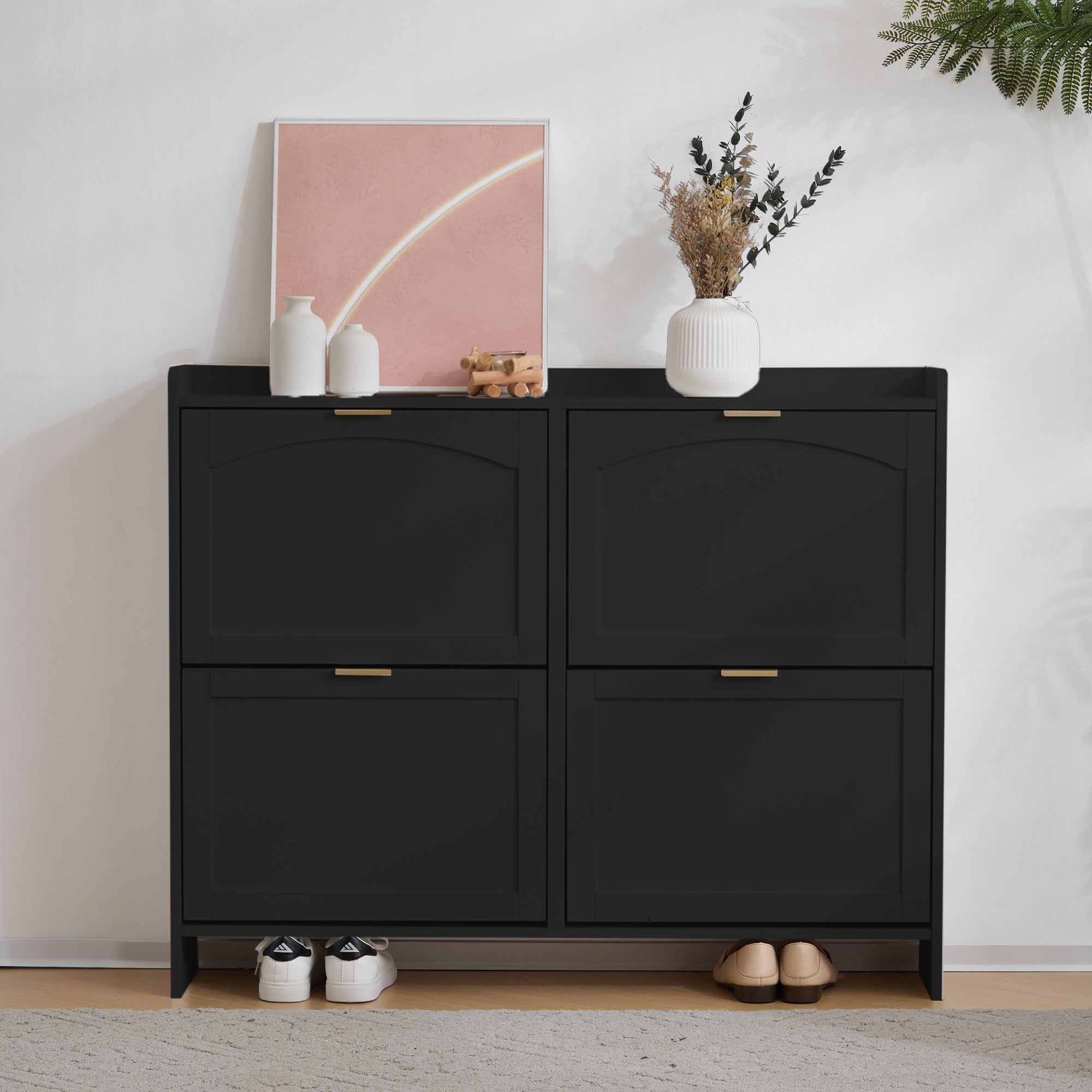 Shoe Cabinet 4 Drop-Down Compartments Open Shelves Entryway, Black