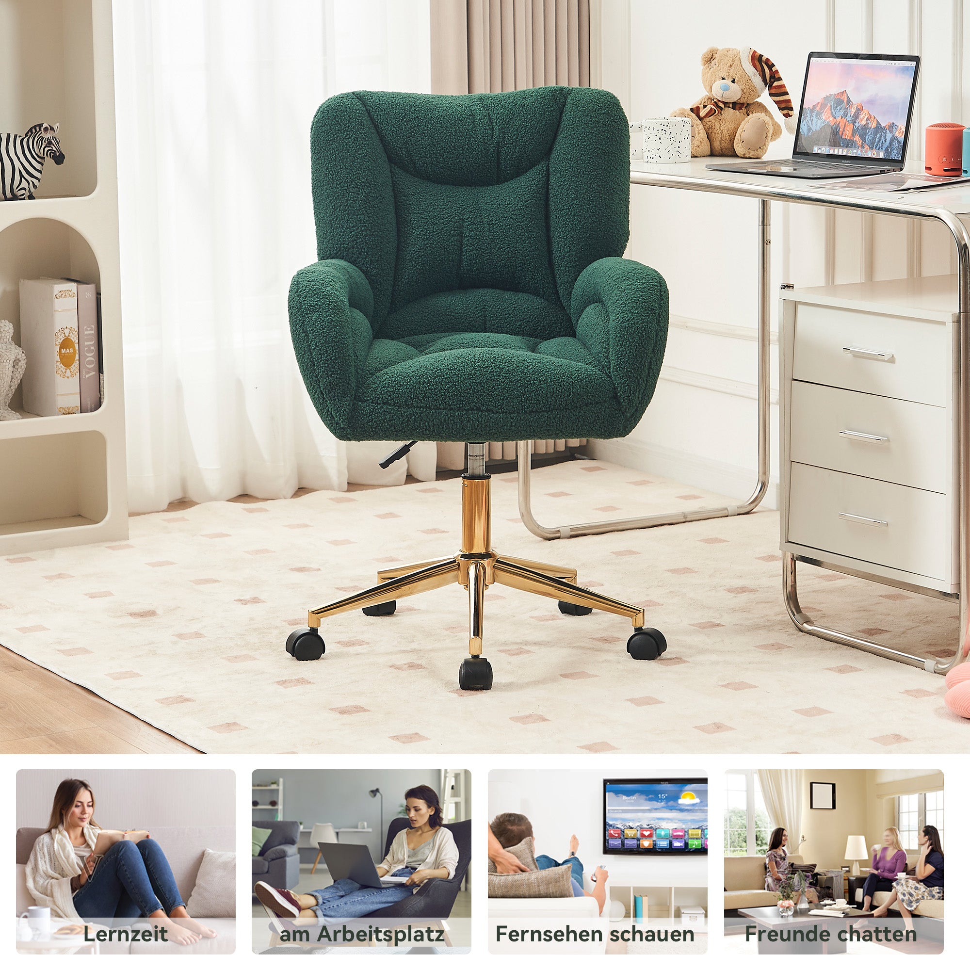 Swivel Chair Adjustable Height Gold Legs Teddy Fabric - Green