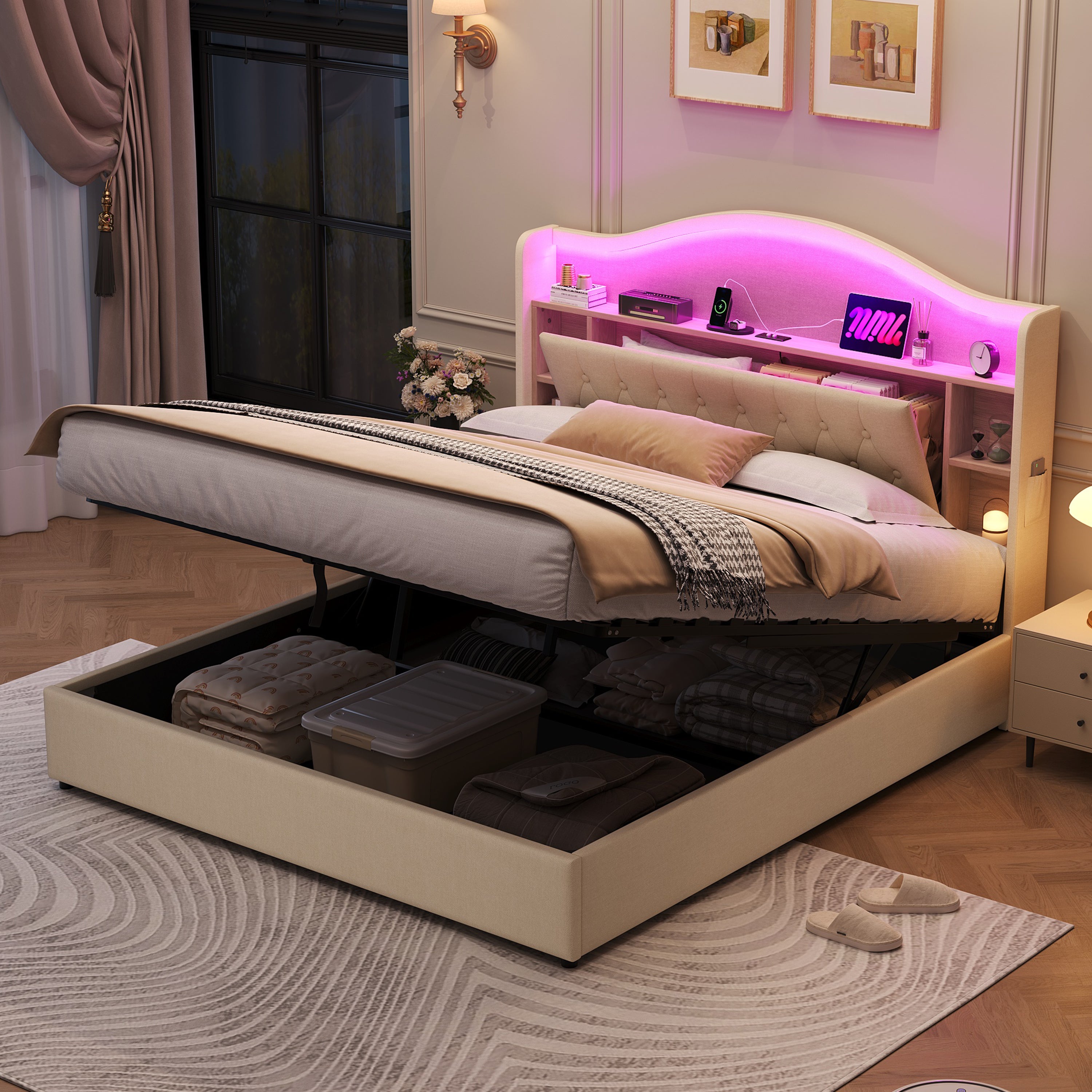 King Upholstered Bed Frame, Hydraulic Storage, LED Button Tufted Headboard w/ Charging Station, Linen Beige