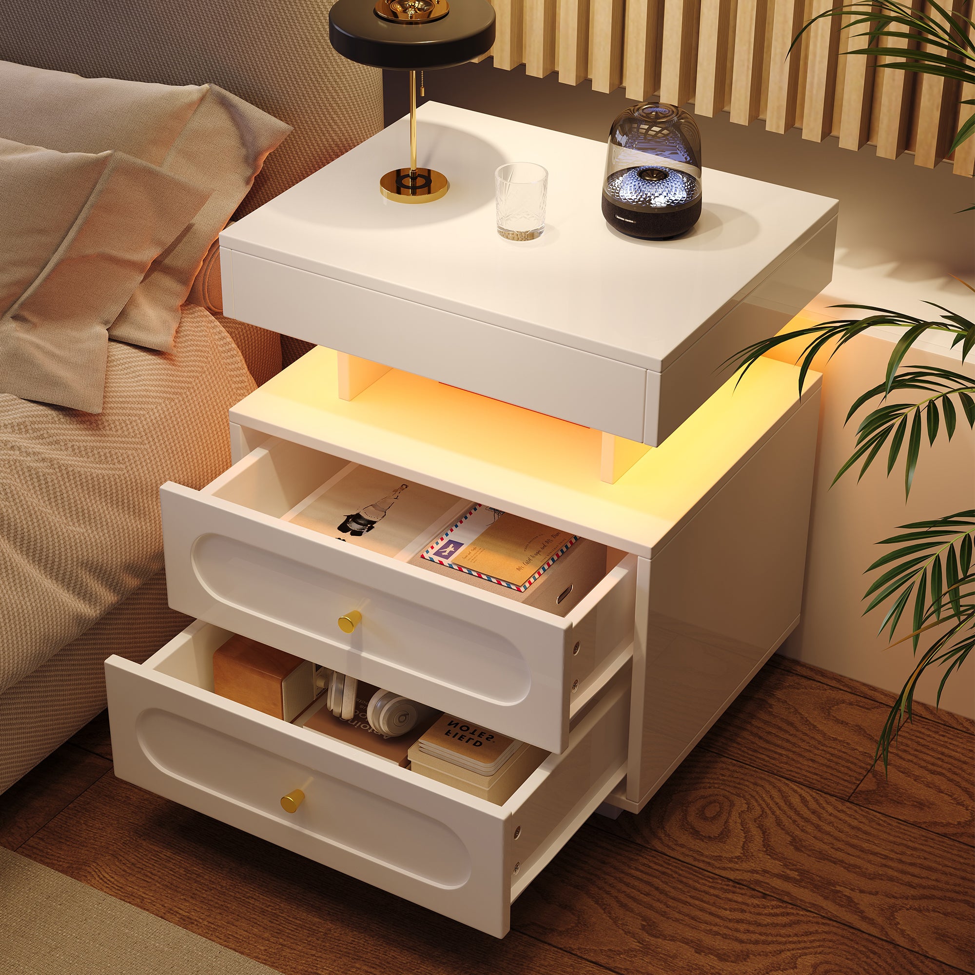Bedside Table Nightstand with LED, 2 Drawers & Open Storage, White
