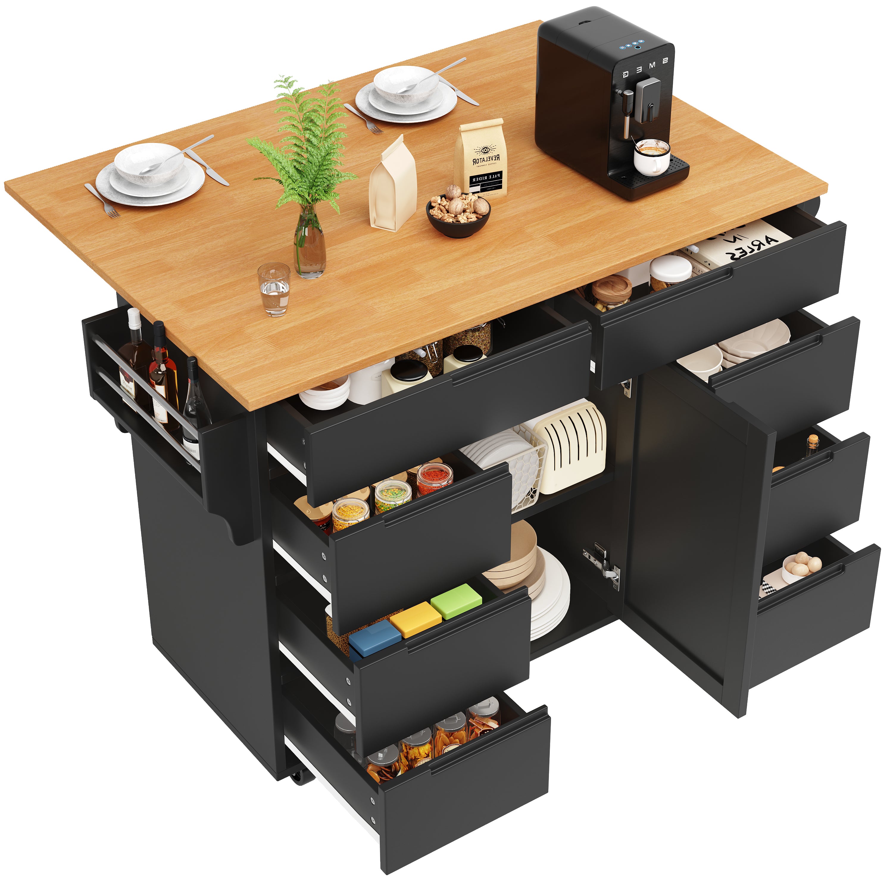 Kitchen Island Extendable Mobile Worktop 8 Drawers Spice Rack - Black