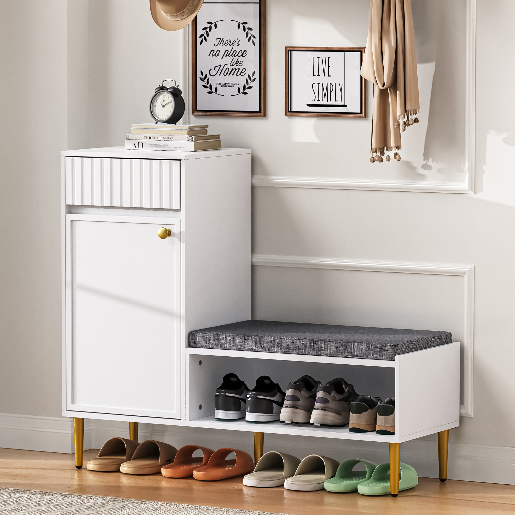 Shoe Cabinet with Bench, Upholstered, 1 Door 1 Drawer 1 Open Shelf, White