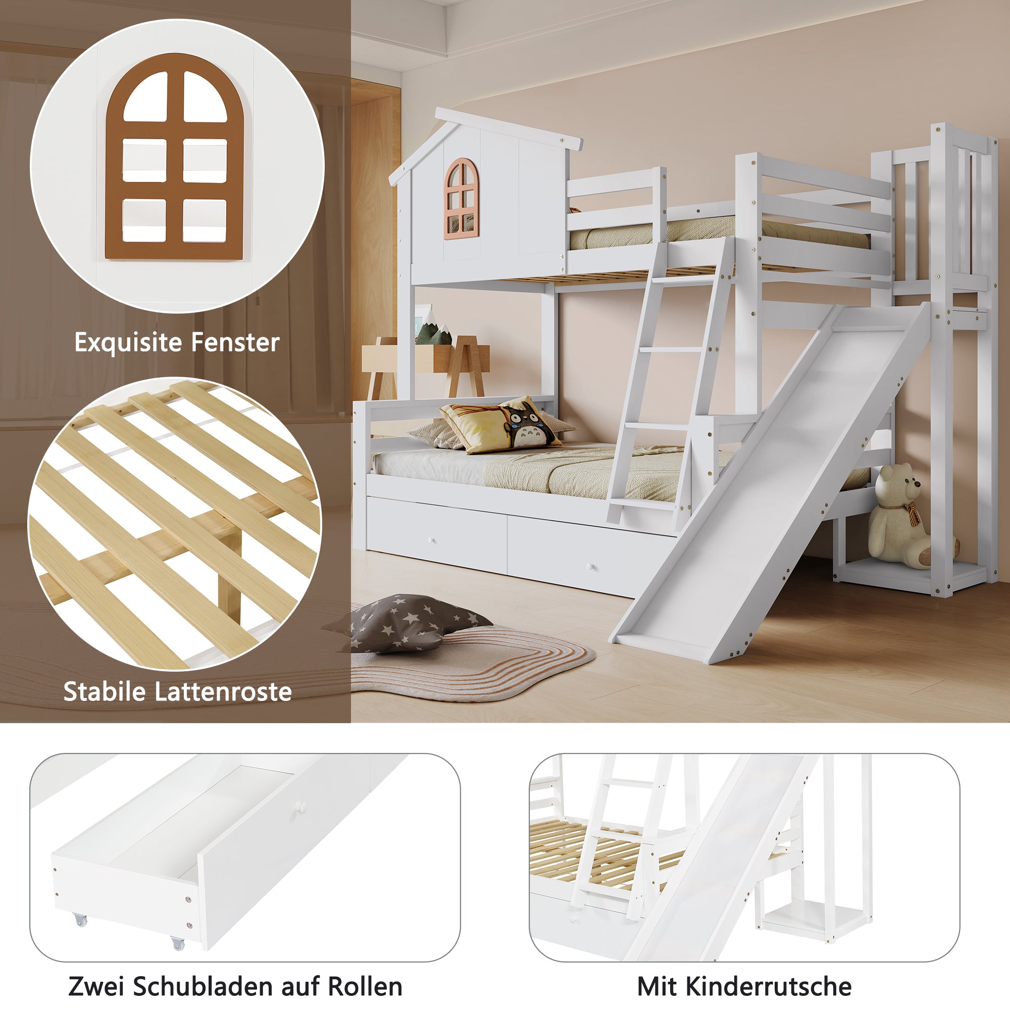Bunk Bed with Windows, Slide, Two Drawers, Solid Wood Frame, White