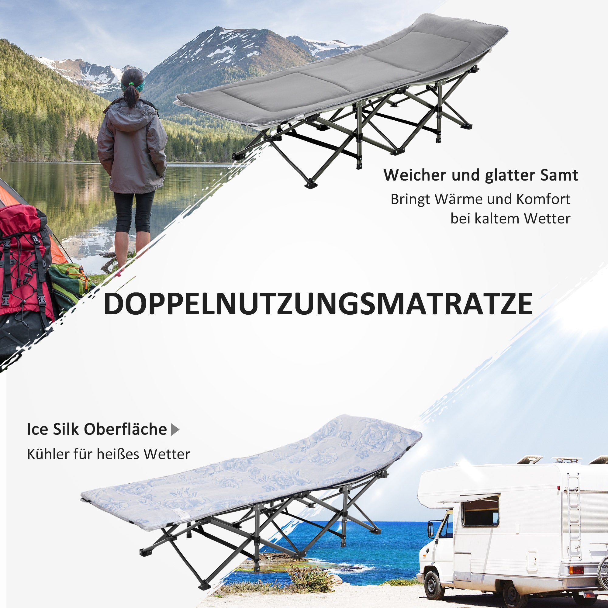 Camping Bed Folding with Pillow, Side Pocket, 150kg, Light Grey