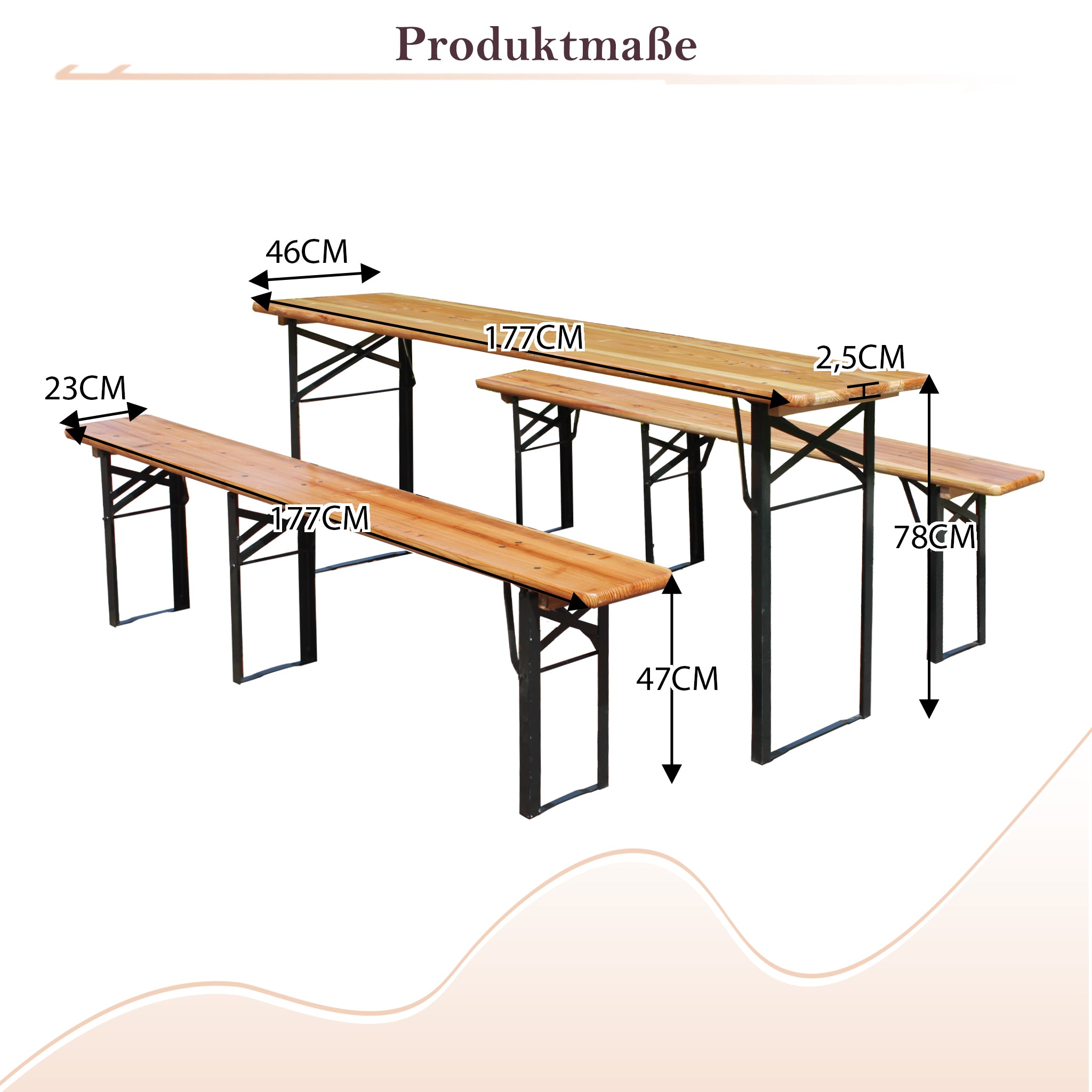 Foldable Beer Garden Set 175cm 3-Piece Table & Benches Solid Pine