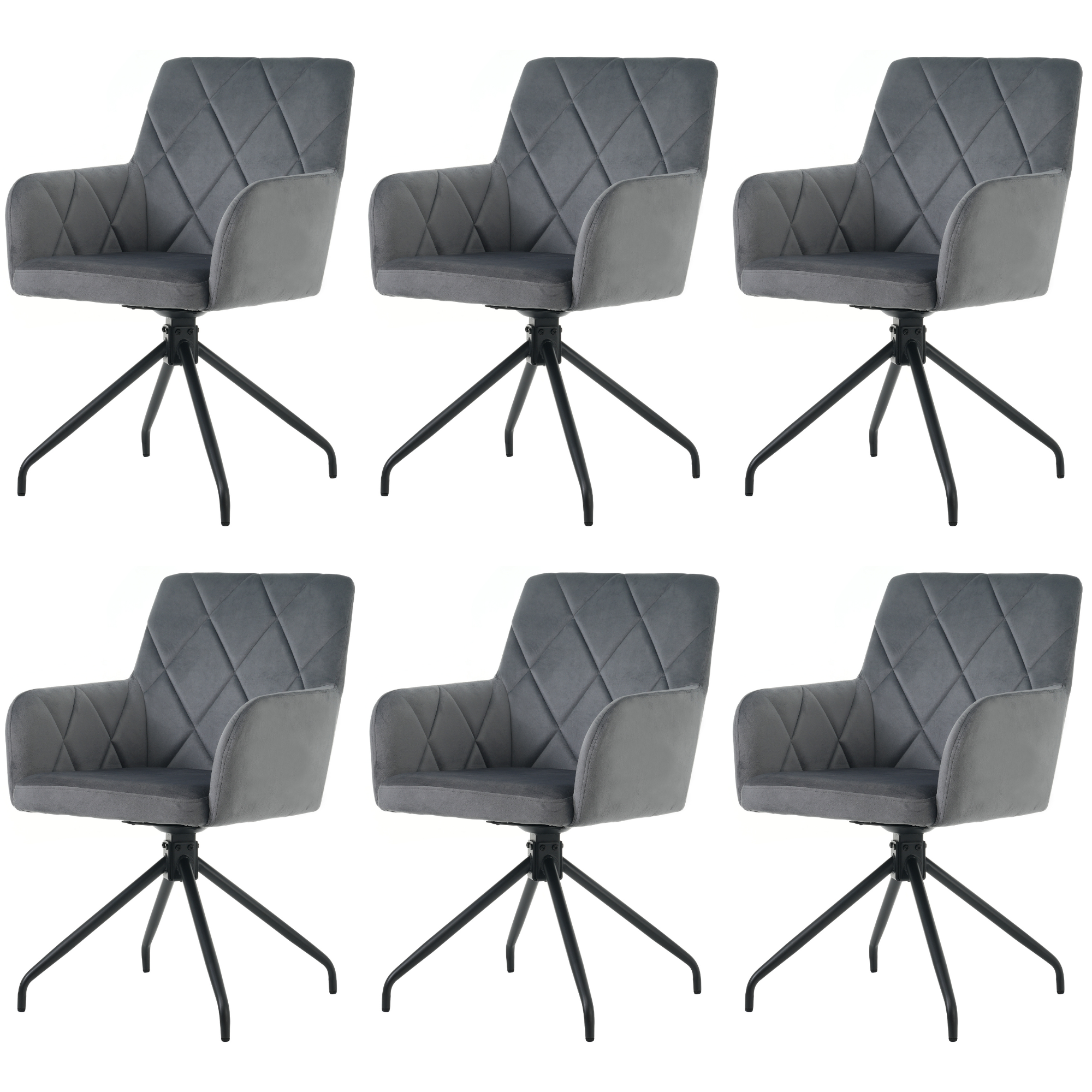 360° Swivel Dining Chairs, Set of 6 with Diamond Pattern and Lumbar Support, Anthracite Velvet