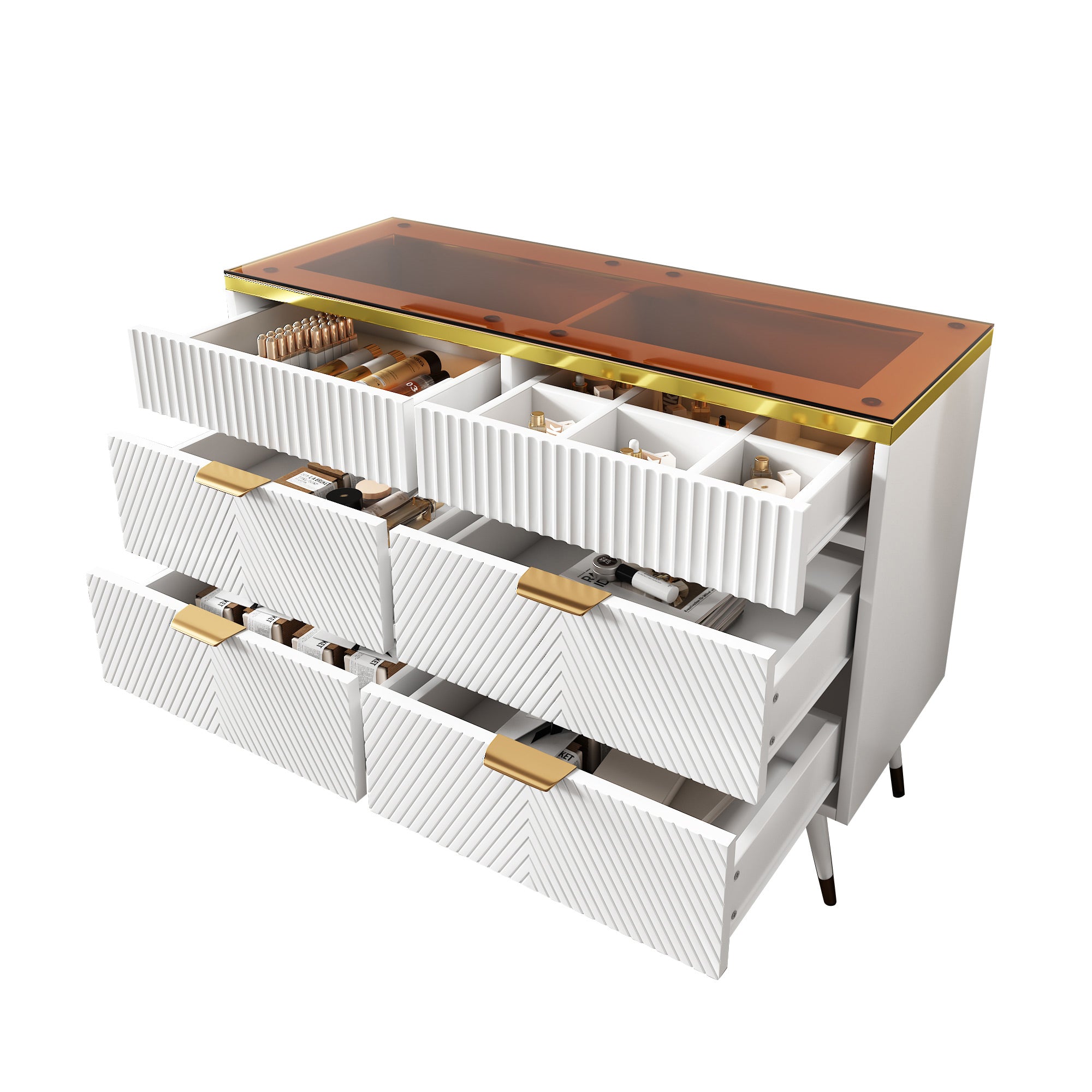 Sideboard, 6-Drawer Amber Glass, White