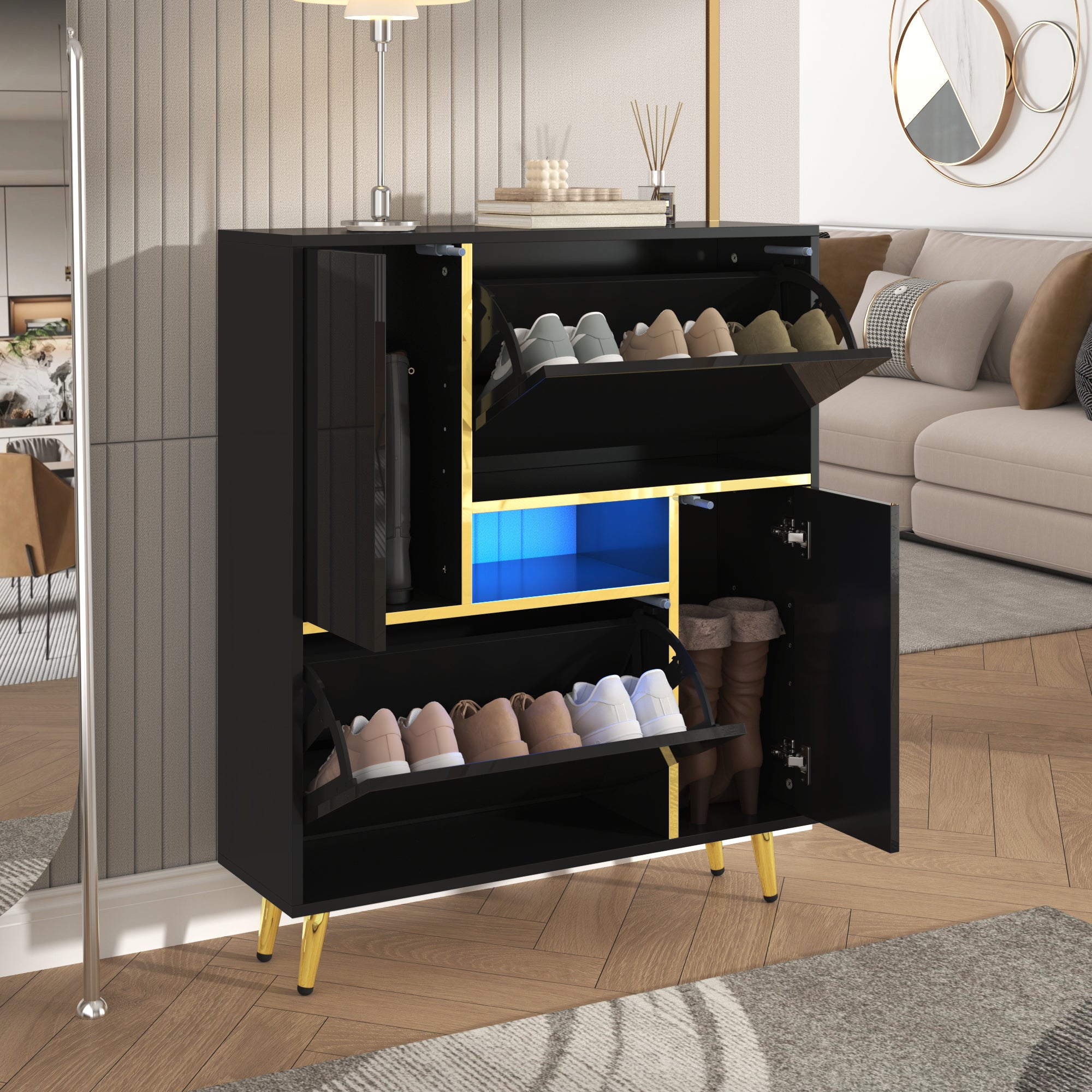 Modern shoe cabinet, high-gloss front, 16-color LED light, black