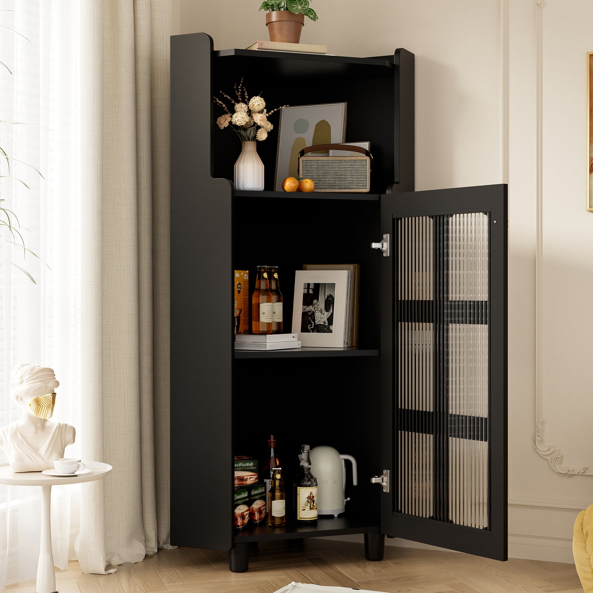 Corner Cabinet Modern LED App Control Storage - Black Lacquer