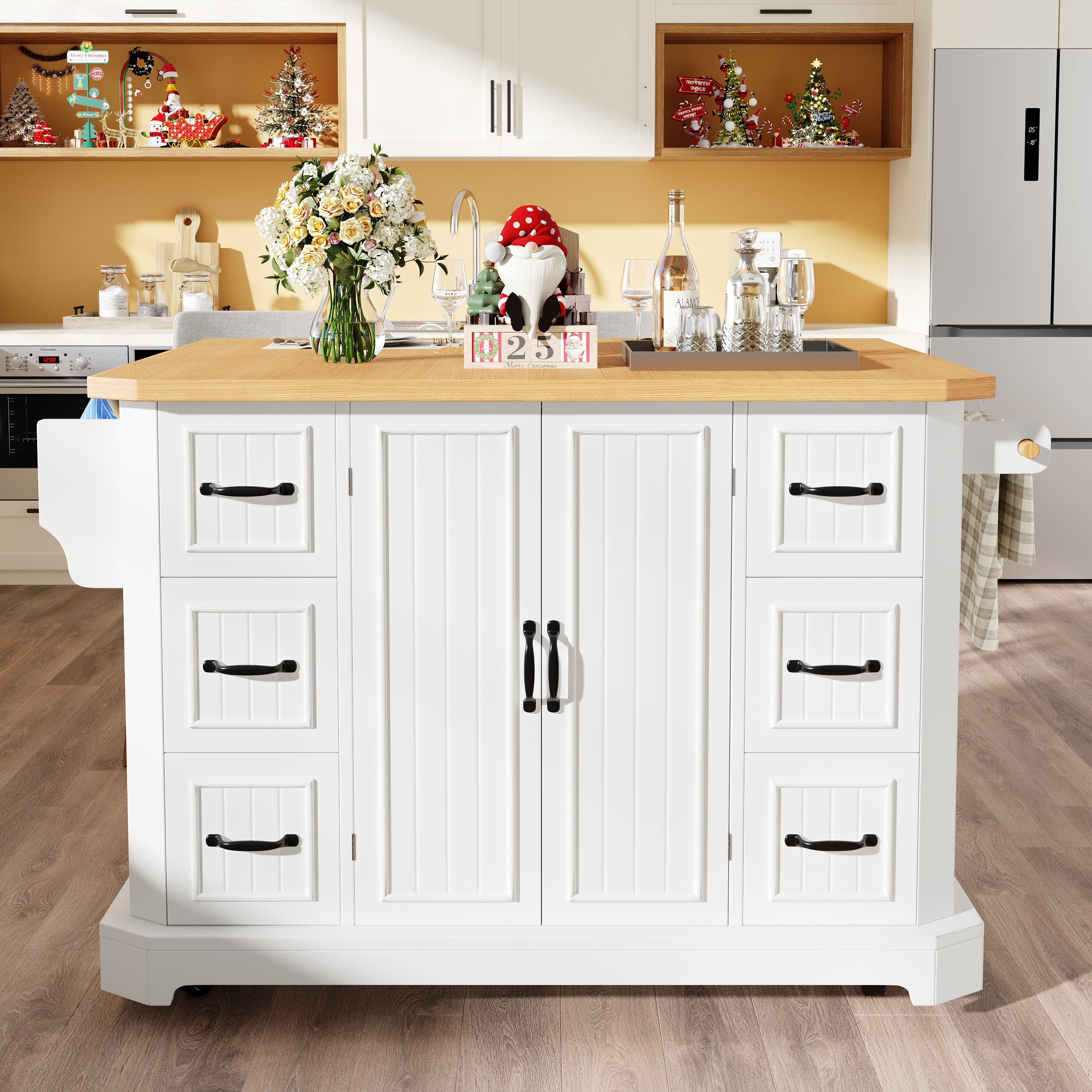 Mobile Kitchen Island with 2 Doors and 6 Drawers, White and Black