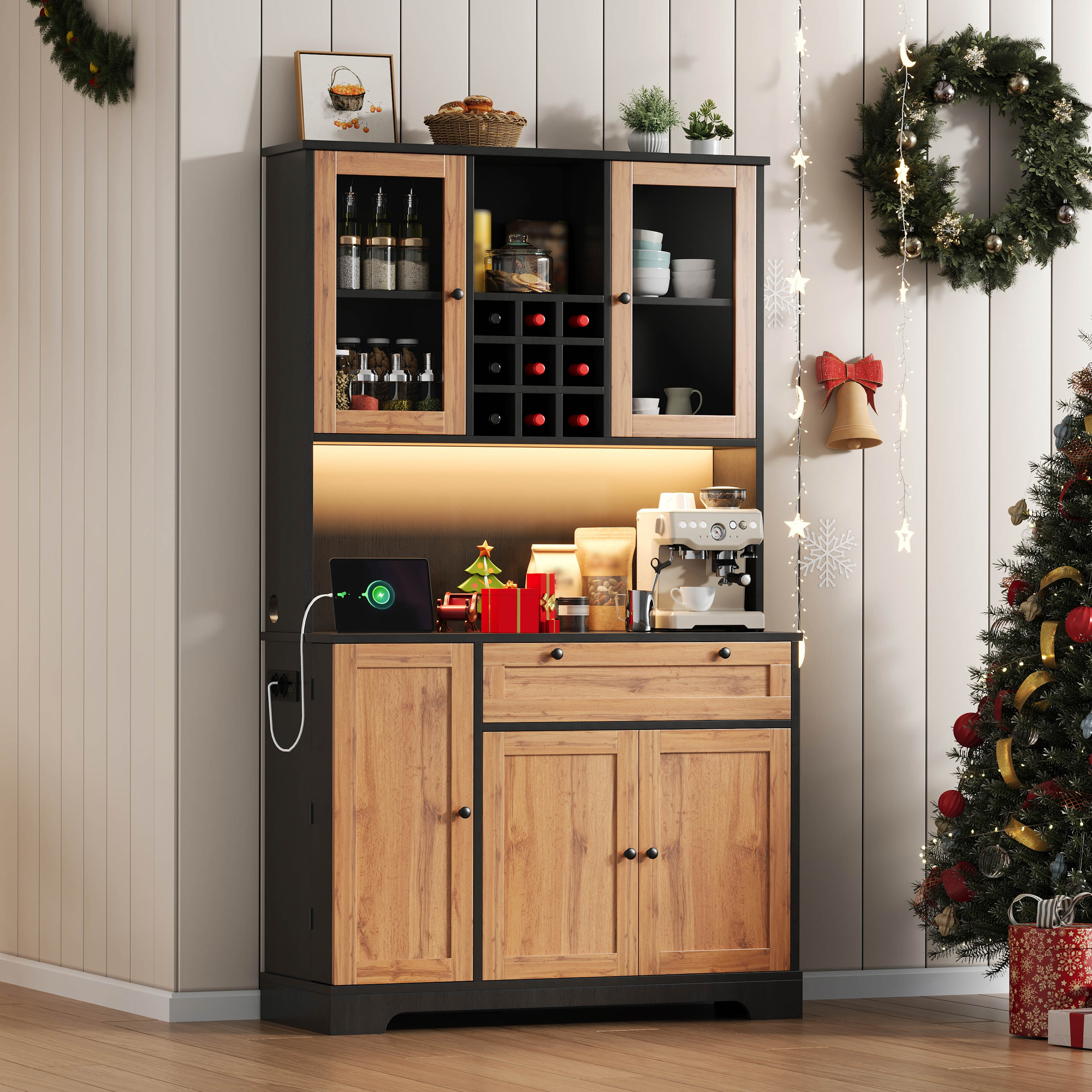 Tall Kitchen Storage Cabinet with LED Lighting and Power Outlet, White and Wood Look