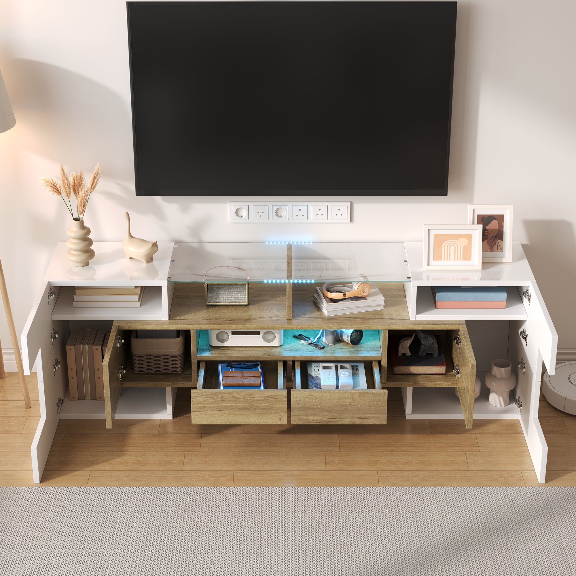 TV Cabinet, 145 cm LED Lighting, High-Gloss White Glass