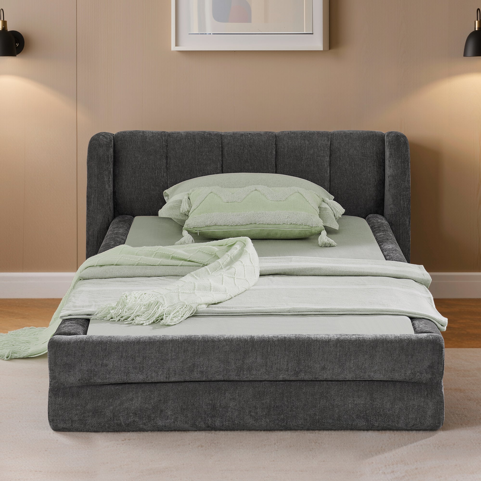 Single Bed 90x200cm Comfortable Backrest - Dark Grey Chenille